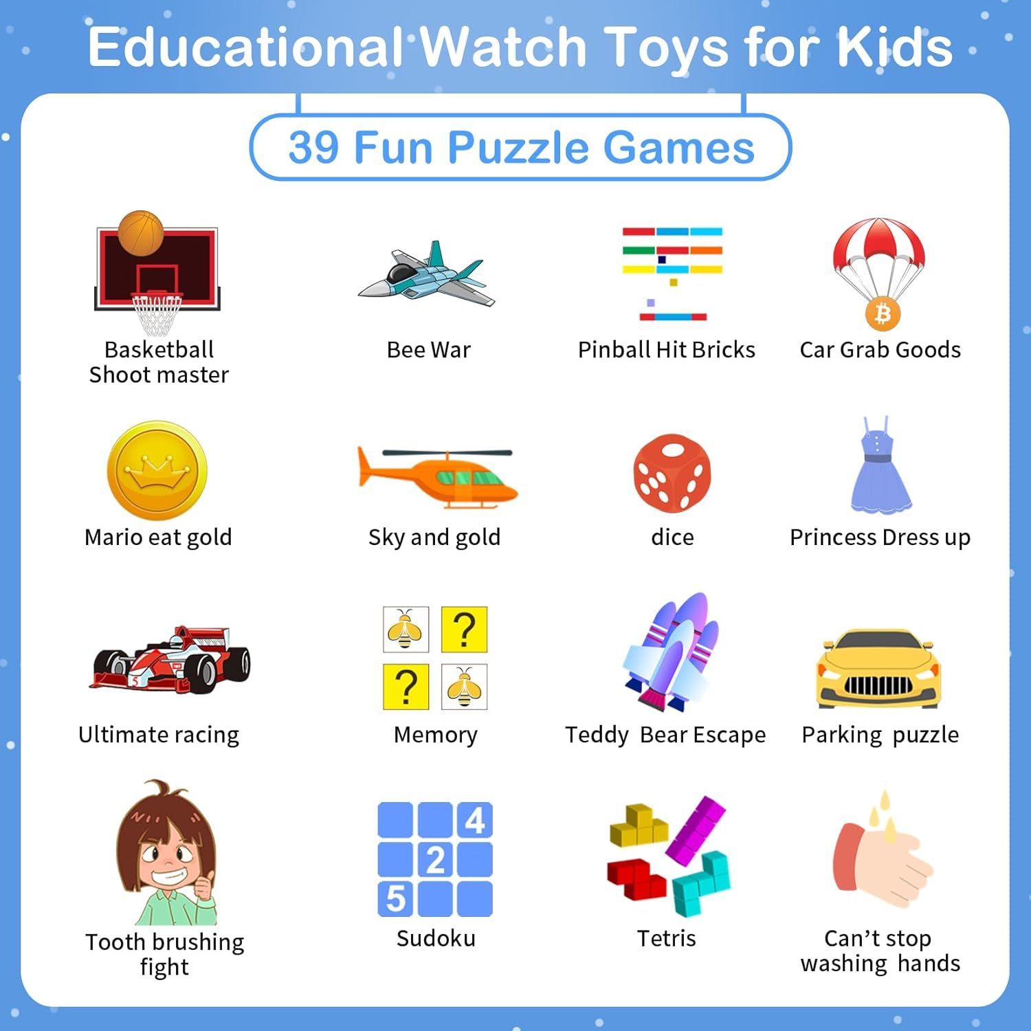 Demonstrates the multiple puzzle game applications available on the educational watch toy, showing variety and versatility to appeal to parents looking for engaging, educational entertainment for…
