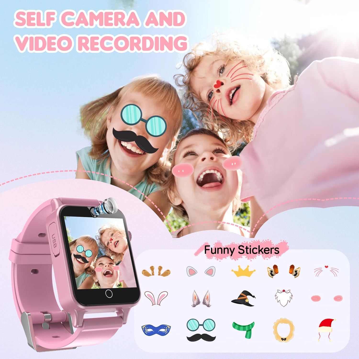 Highlights the smartwatch's selfie camera and video recording capability with fun digital stickers to appeal to kids and parents looking for entertainment features.