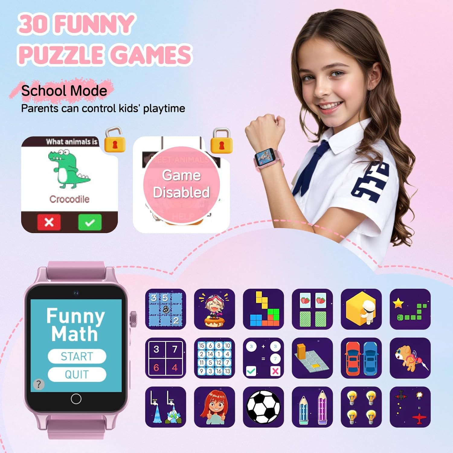 Communicates multiple distinct benefits of the smartwatch for kids: variety of educational games, parental control features, and learning-focused content to reassure parents about educational value…