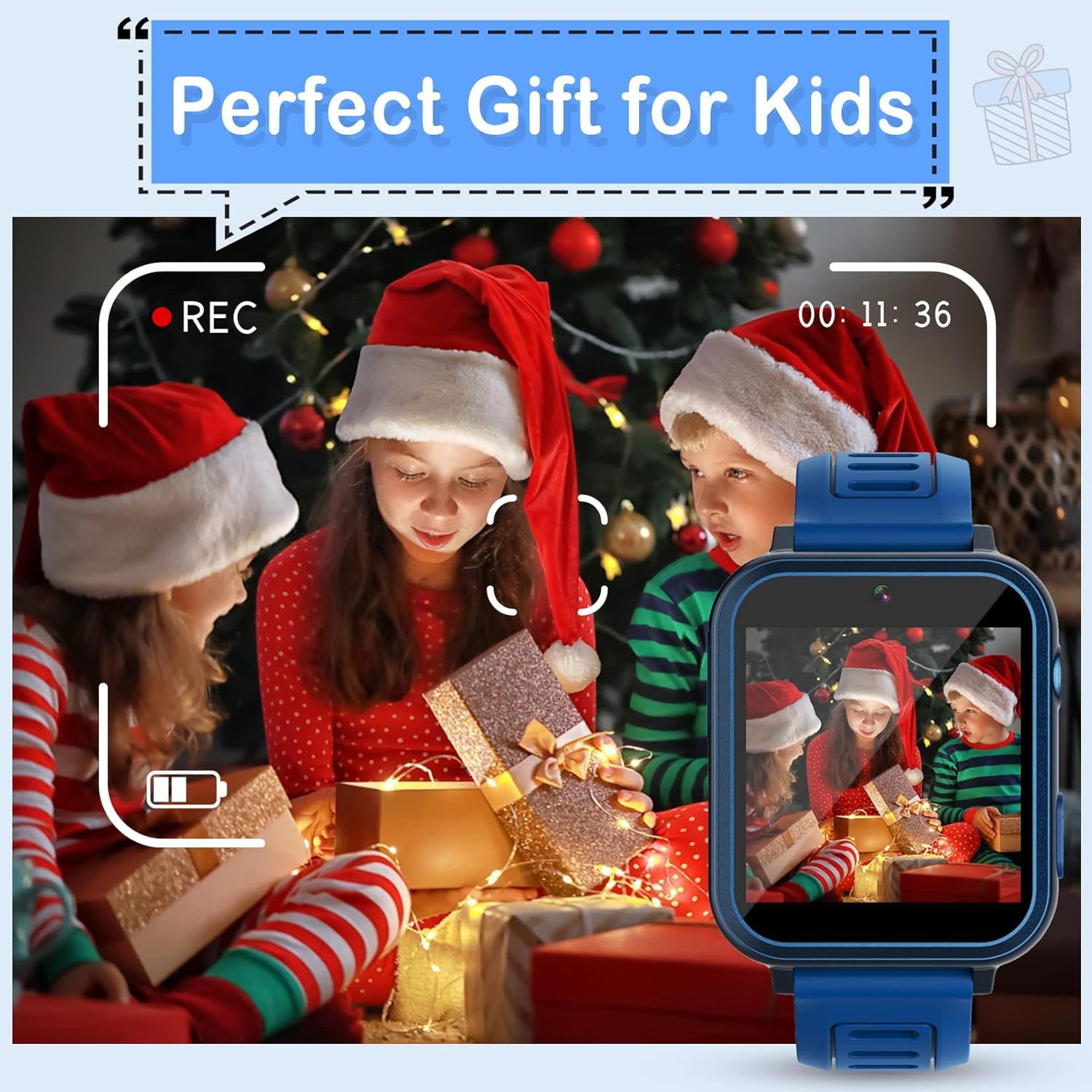 Positions the product as a perfect gift for kids during the holiday season, using Christmas imagery and gift-giving context to drive seasonal purchase intent. Demonstrates the smartwatch's video…