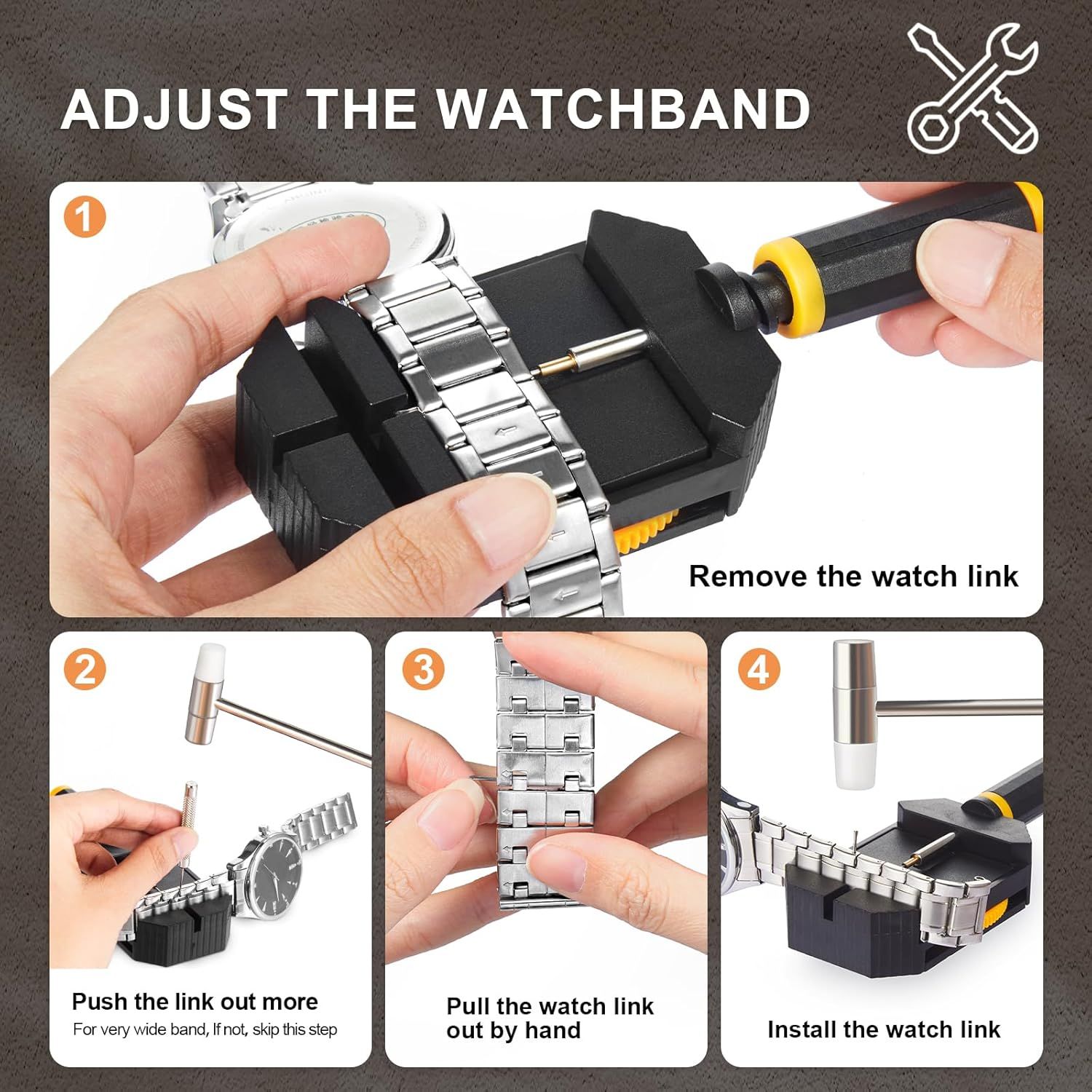 Provides step-by-step instructions on how to adjust a watchband by removing and installing links, helping shoppers understand the setup process and ease of customization.