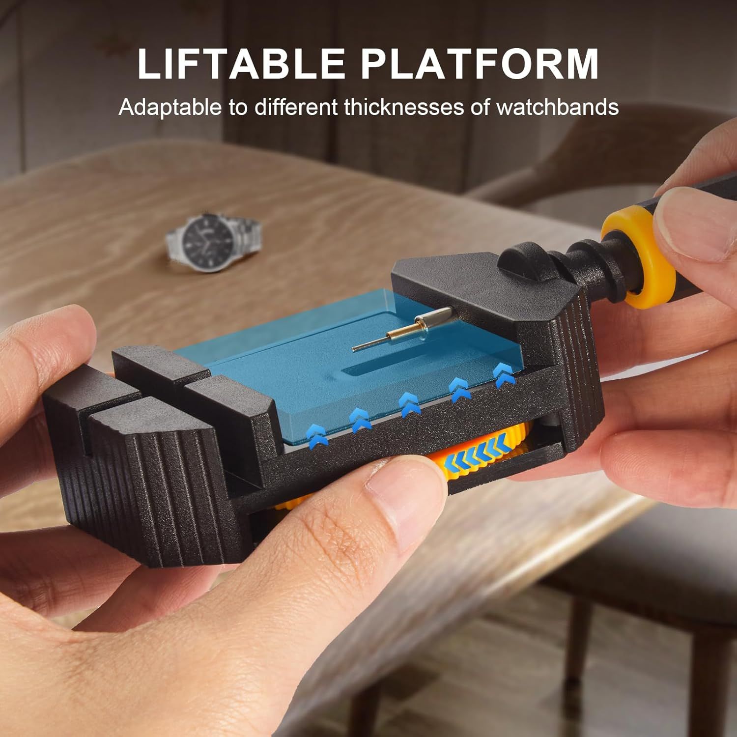 Demonstrates the tool's adjustable platform feature that accommodates various watchband thicknesses, reassuring shoppers of its versatility and ease of use for different watch repair needs.