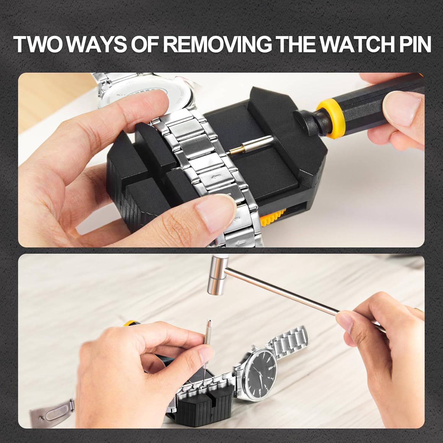 Demonstrates two different methods for removing watch pins, providing instructional guidance to help customers understand how to adjust or repair their watch bands.