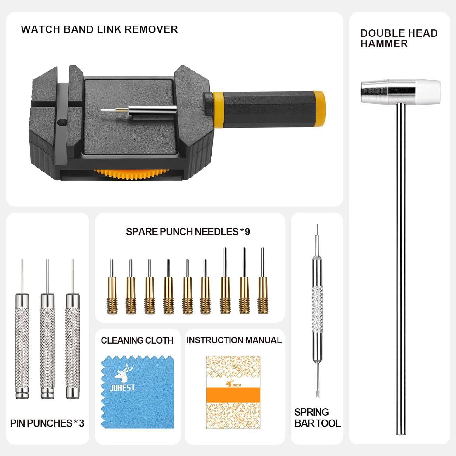 Shows all the tools and accessories included in the watch repair kit to demonstrate the complete value and functionality the customer receives with their purchase.
