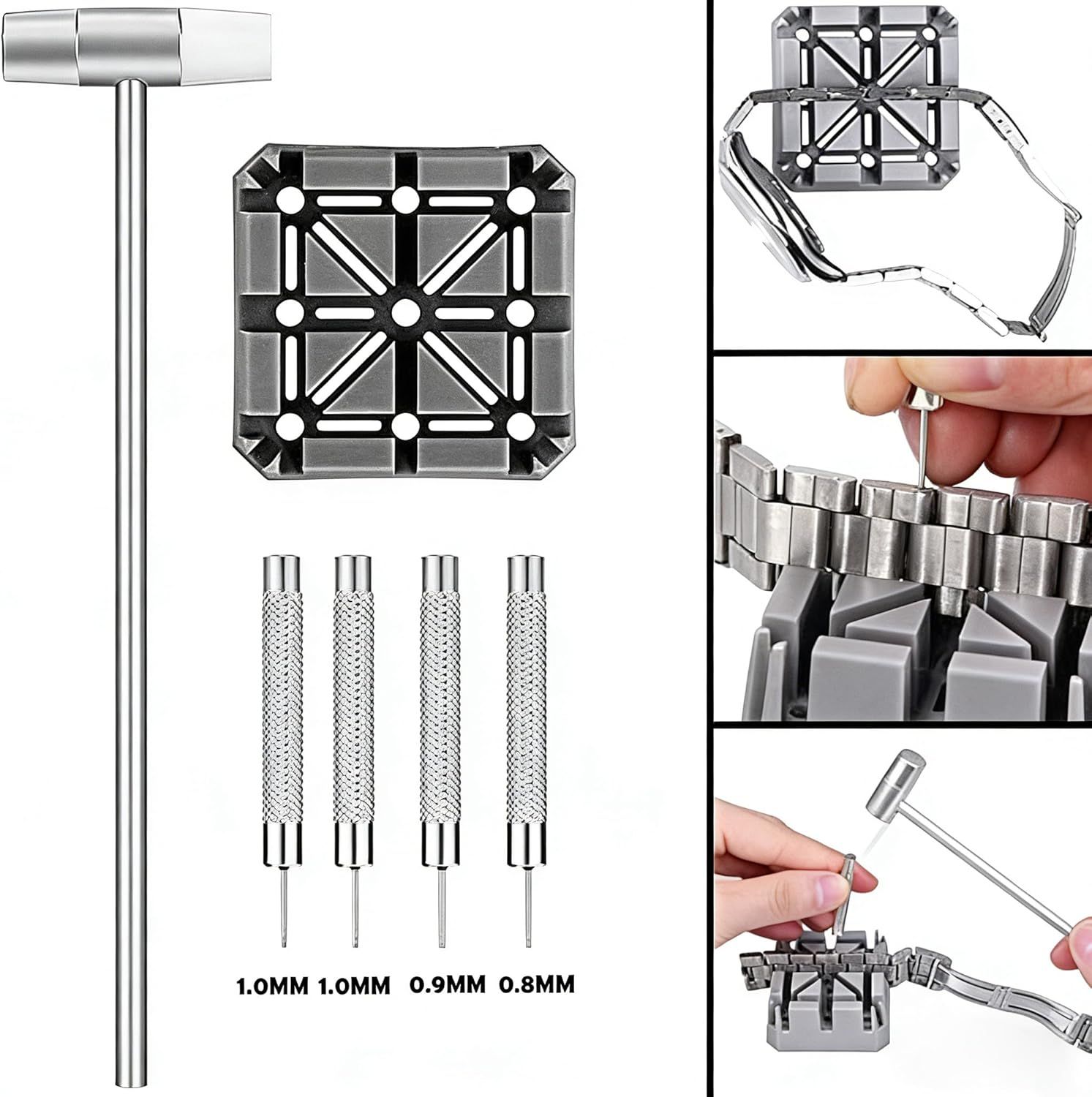 Shows all the components included in the watch repair kit to help shoppers understand what they receive with their purchase. Demonstrates the step-by-step process of using the tool to remove watch…