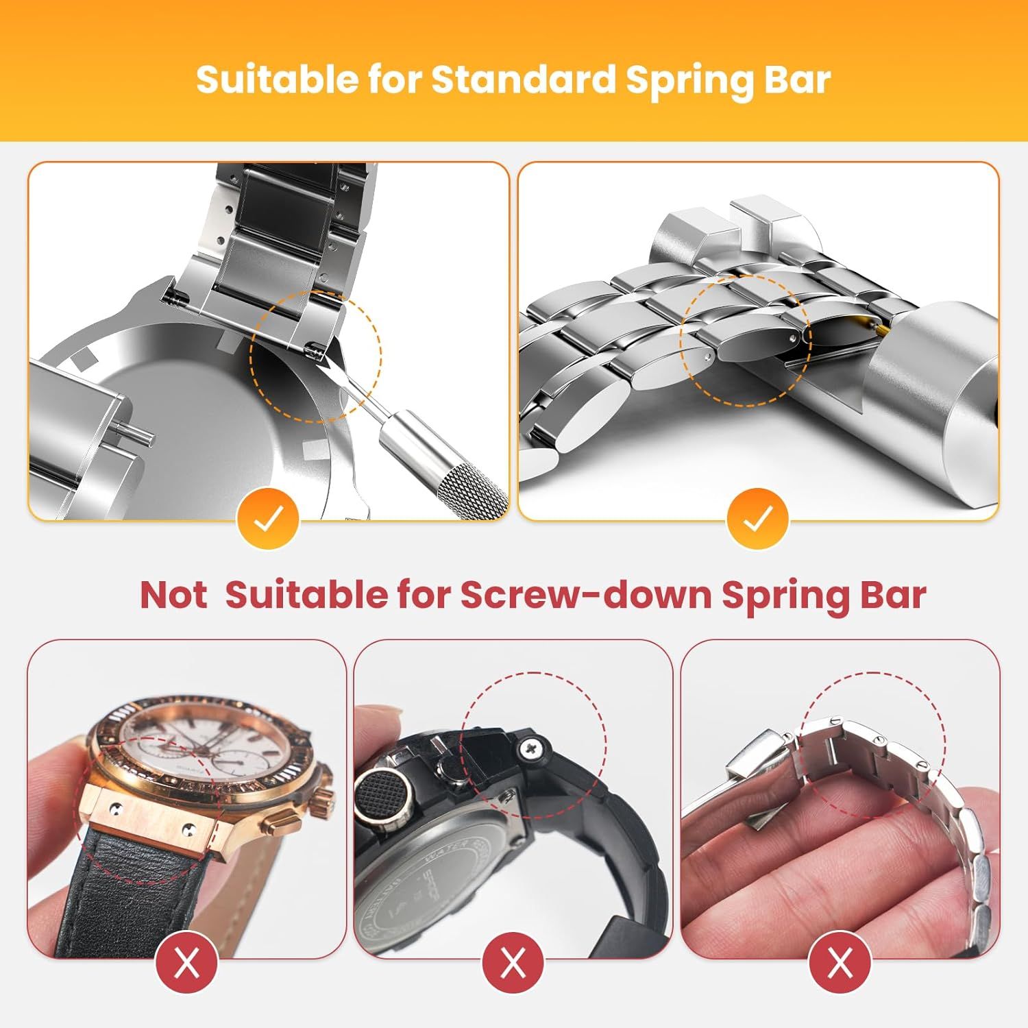 This image demonstrates which types of watch spring bars the product is compatible with (standard spring bars) and which types it is not compatible with (screw-down spring bars), helping shoppers…