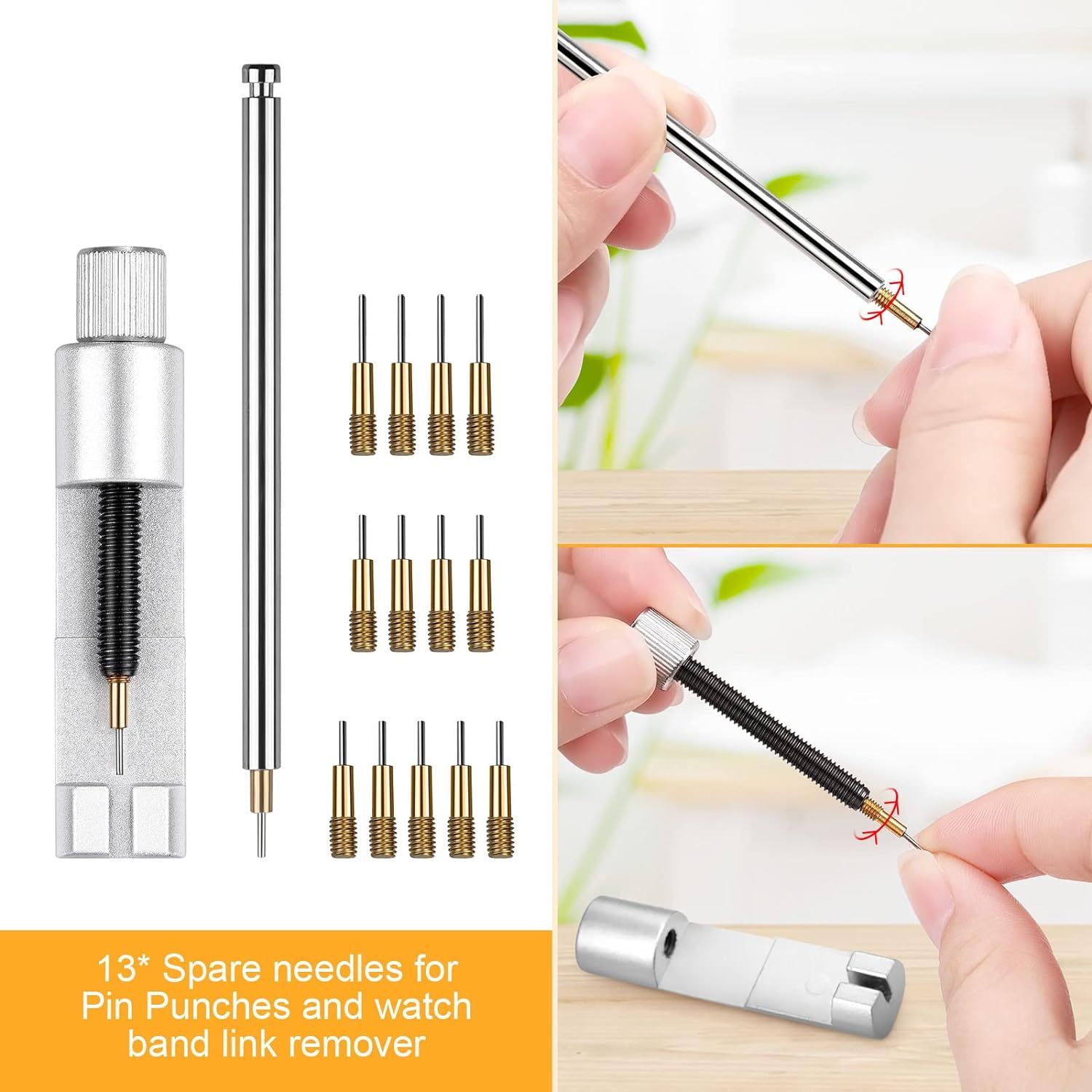 Shows all the components included in the kit—the main tool, multiple spare needles, and accessories—to communicate the complete value and versatility of the purchase.