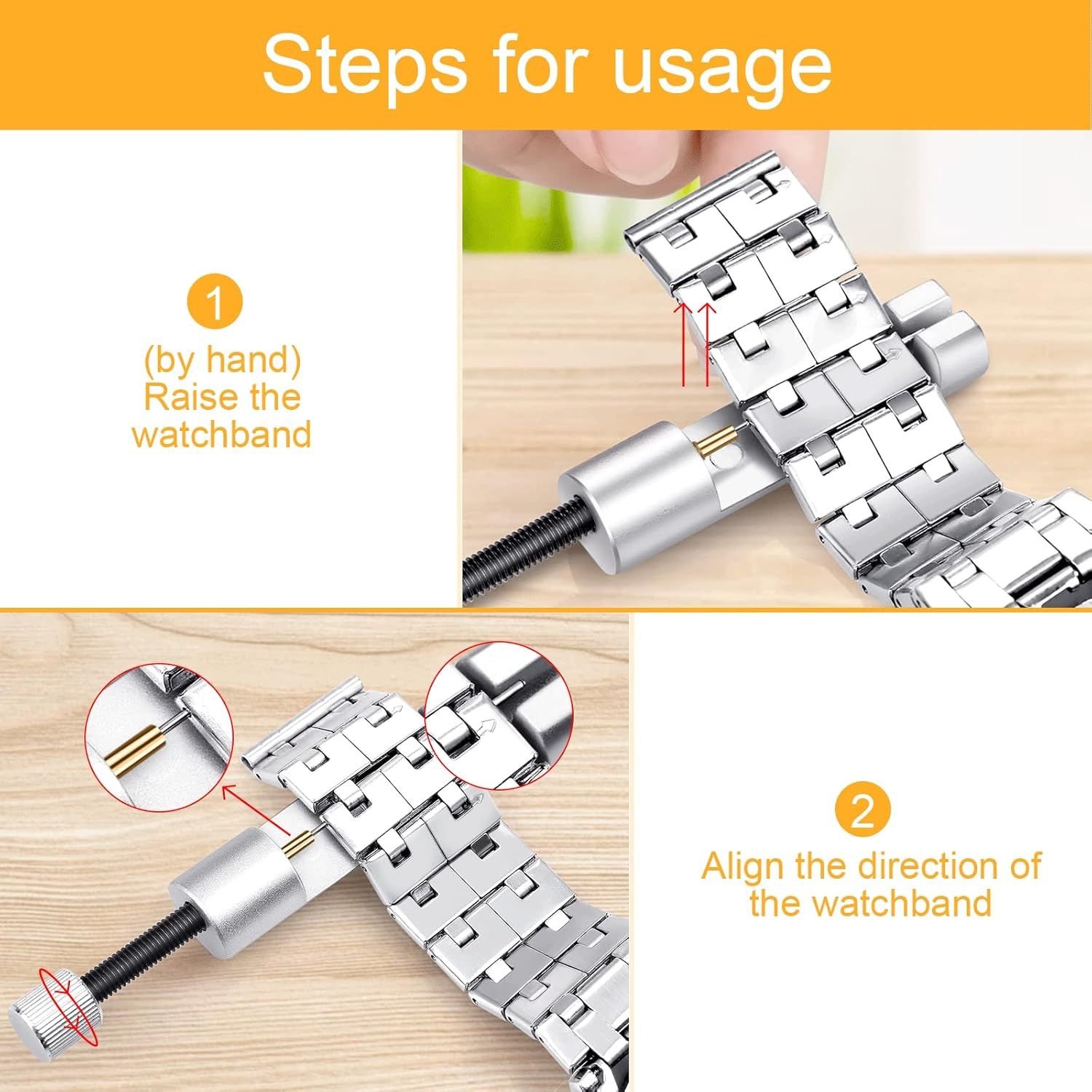 Provides step-by-step visual instructions showing shoppers how to install or adjust the watchband using the included tool, reducing uncertainty about setup and demonstrating ease of use.