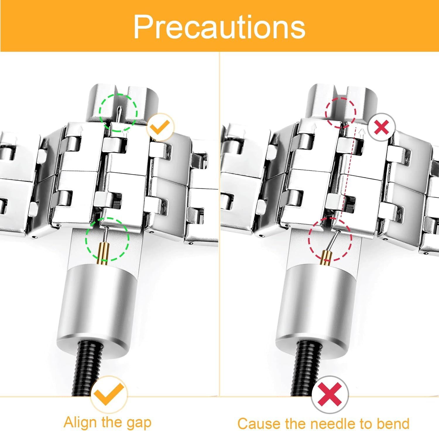 Instructs shoppers on the correct way to install or align the watch band component, showing what to do (align the gap) versus what not to do (bend the needle), ensuring proper setup and avoiding…