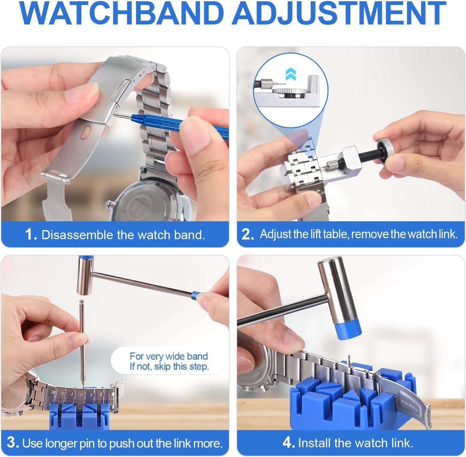 This image provides a clear 4-step instructional guide showing shoppers exactly how to adjust and resize their watchband, reassuring them that the process is straightforward and manageable.