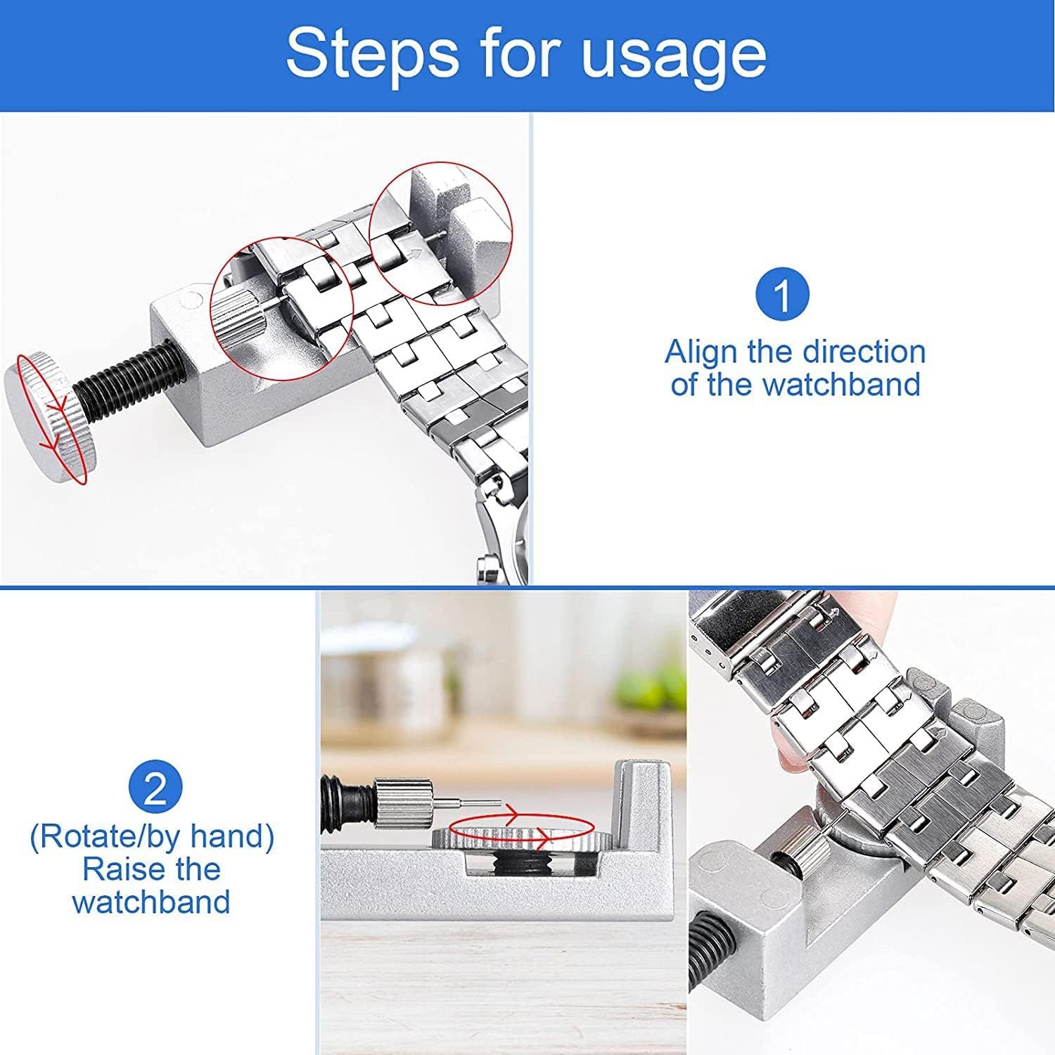 Provides clear step-by-step instructions on how to install or adjust a watchband using the tool, helping shoppers understand the ease of setup and proper usage.