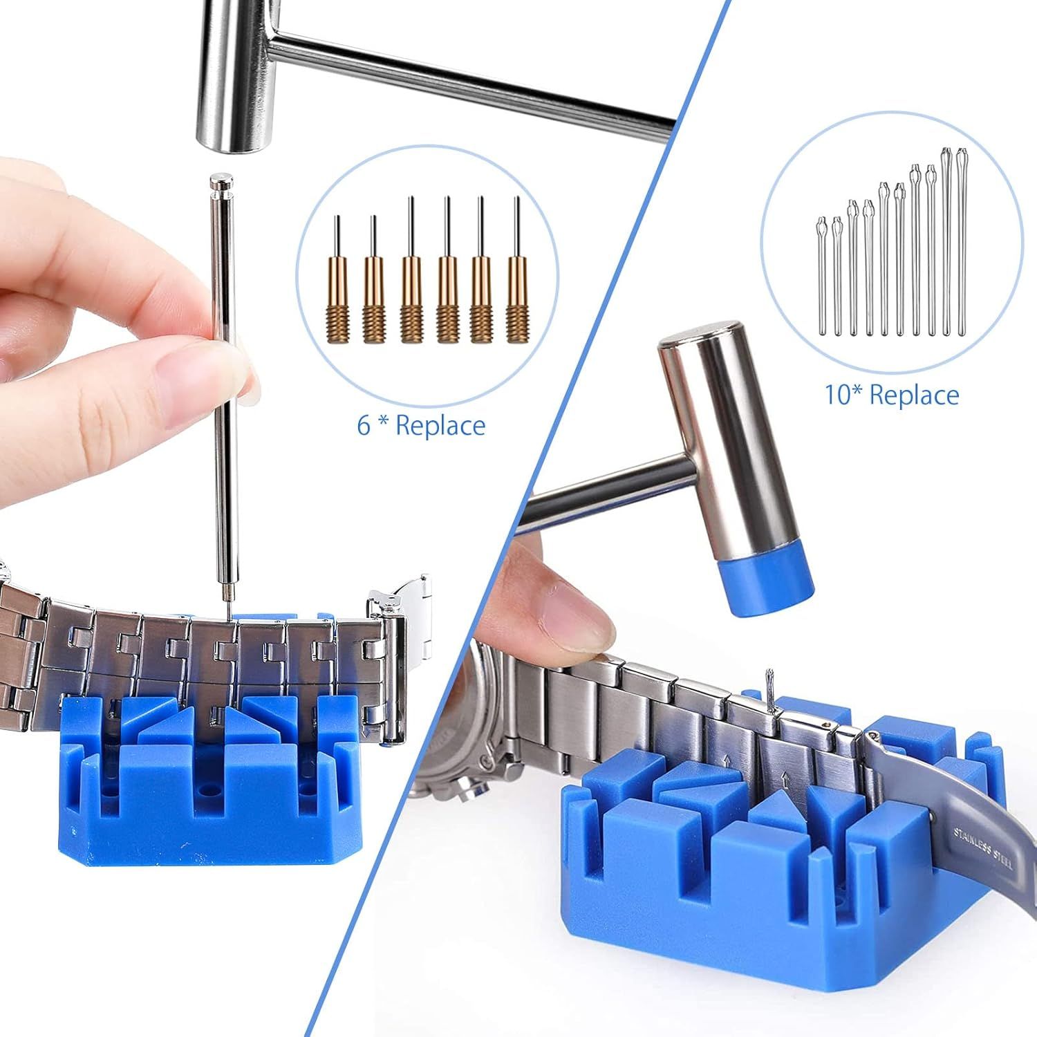 Shows all the components included with the watch repair tool kit, including the main tool, replacement pins, and storage holder to reassure buyers they're getting a complete set.