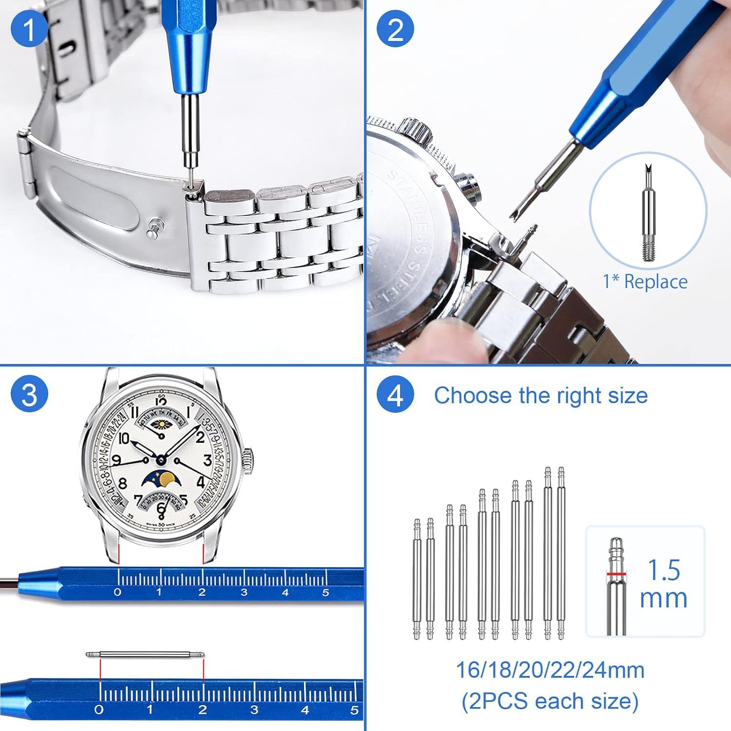 This image provides step-by-step instructions on how to remove and replace watch band pins, including measuring the correct size and using the replacement tool, to help customers understand the…