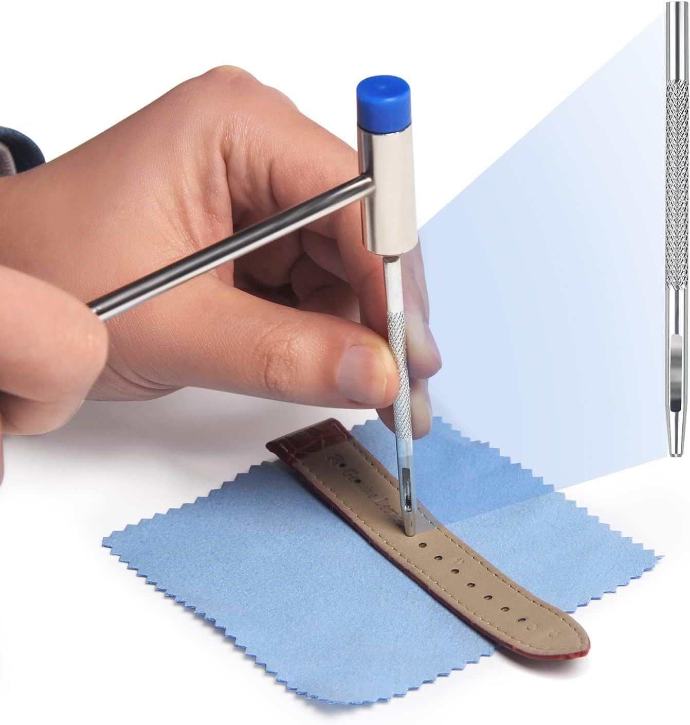 Demonstrates how to use the precision tool to adjust or remove watch band pins, reassuring shoppers that the product is easy to use for watch repair or customization. Shows the tool in action to…