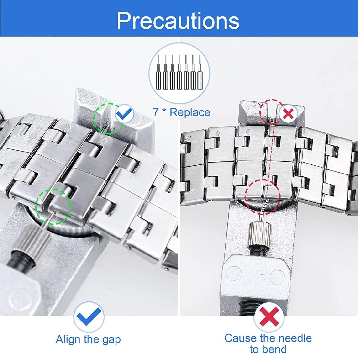 Instructs shoppers on the correct way to replace and align watch band links, showing what to do (align the gap) and what to avoid (bending the needle) to ensure proper installation.