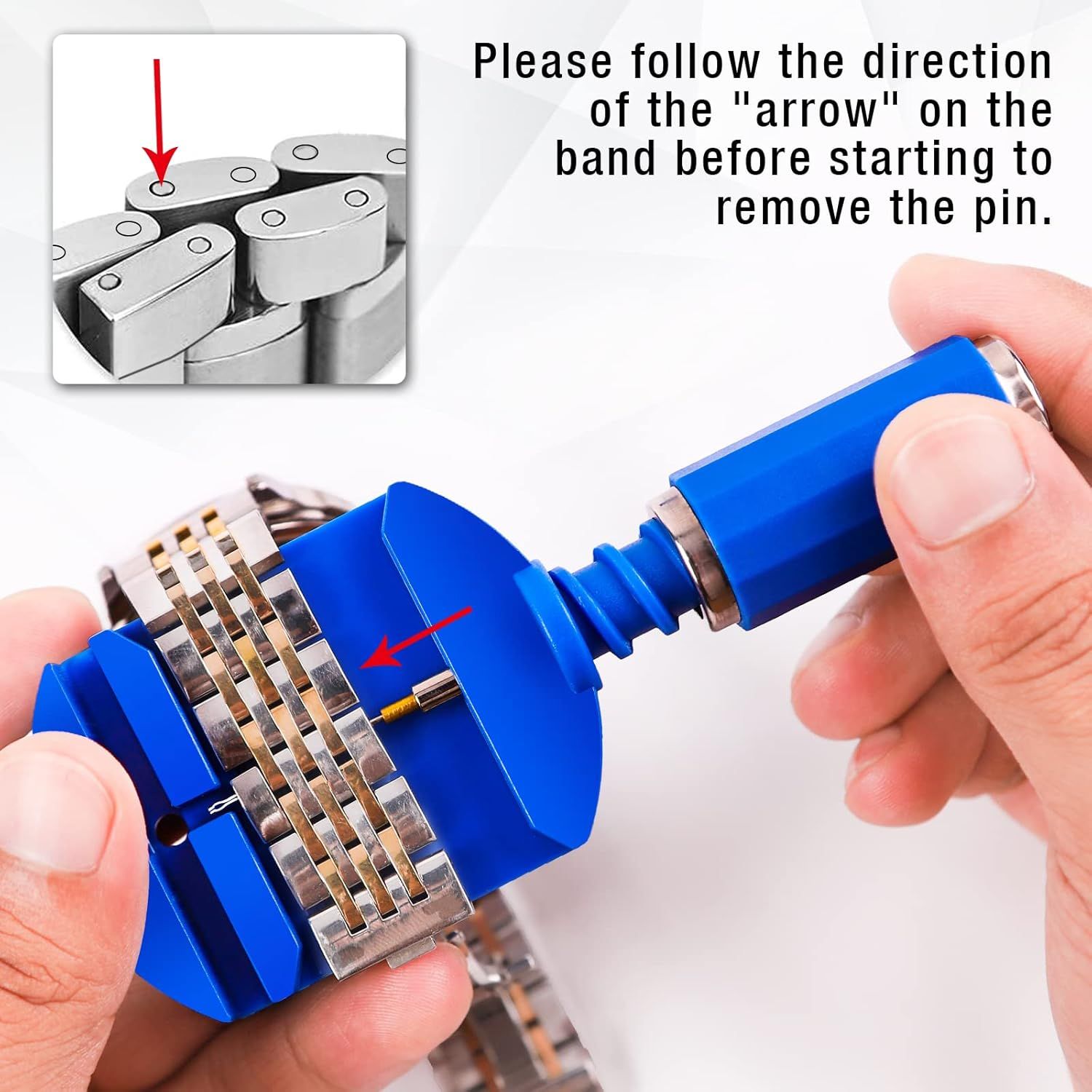 Instructs the user on the proper technique for removing a pin from a watch band by following the directional arrow, ensuring correct usage and preventing damage.
