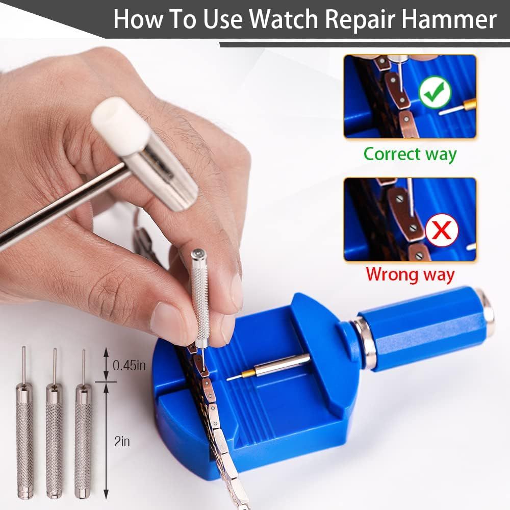 Instructs shoppers on the correct way to use the watch repair hammer tool, showing proper hand positioning and technique while warning against incorrect usage to ensure effective and safe operation.…