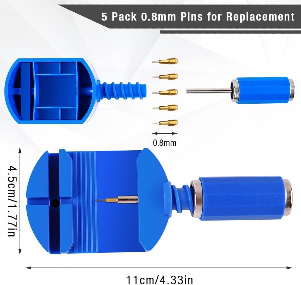 Shows the customer all components included in the purchase: the watch band adjustment tool, five 0.8mm replacement pins, and the physical dimensions of the tool to help shoppers understand what they…