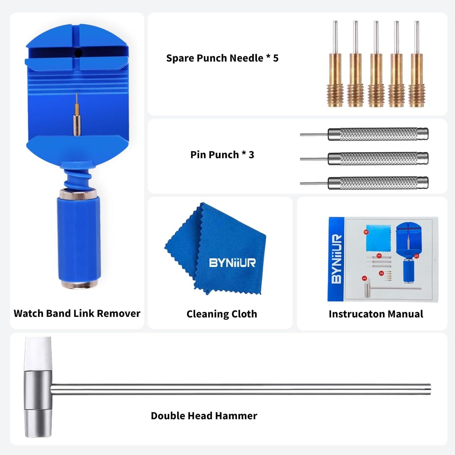 Shows all the tools and accessories included in the watch band link remover kit to reassure shoppers they're getting everything needed for watch repair and maintenance.