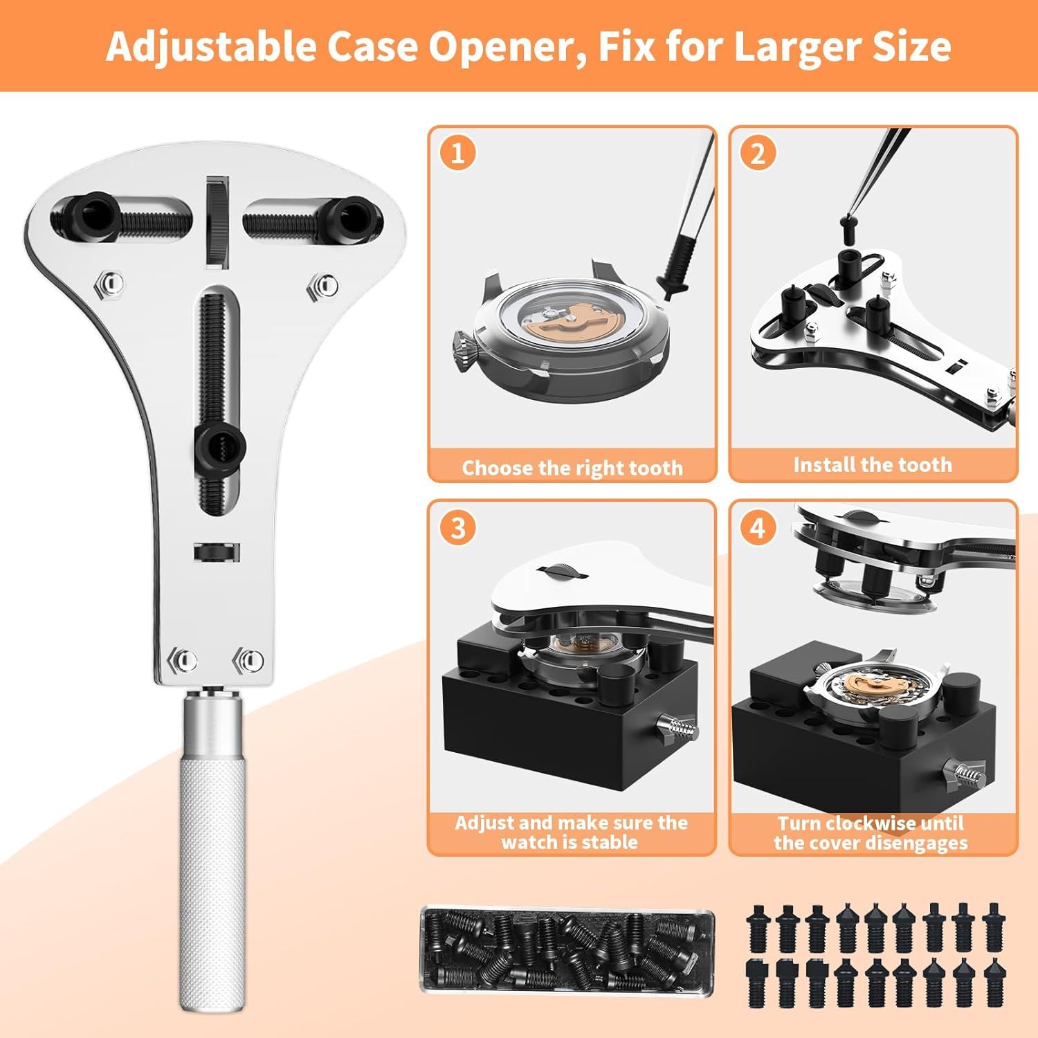 Provides clear step-by-step instructions on how to assemble and use the adjustable case opener tool, showing shoppers the setup process from selecting the right tooth to successfully opening a watch…
