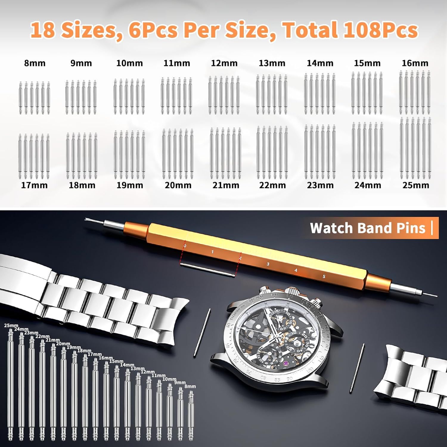 Shows the complete contents of the watch band pin kit, emphasizing the comprehensive size range (18 sizes, 6 pieces per size, 108 total pieces) and included tool to reassure buyers they have…