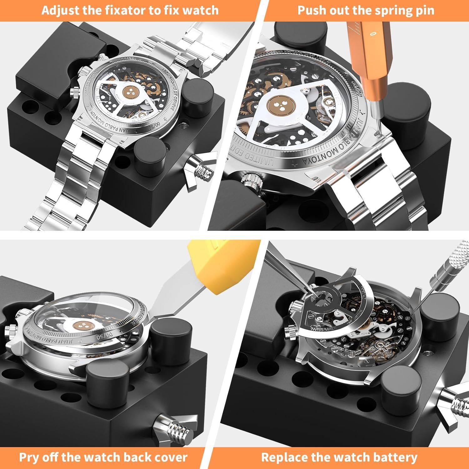 This image provides a clear 4-step instructional guide showing how to use the watch repair tool kit to service a watch, from fixing the watch in place to replacing the battery. It reassures shoppers…