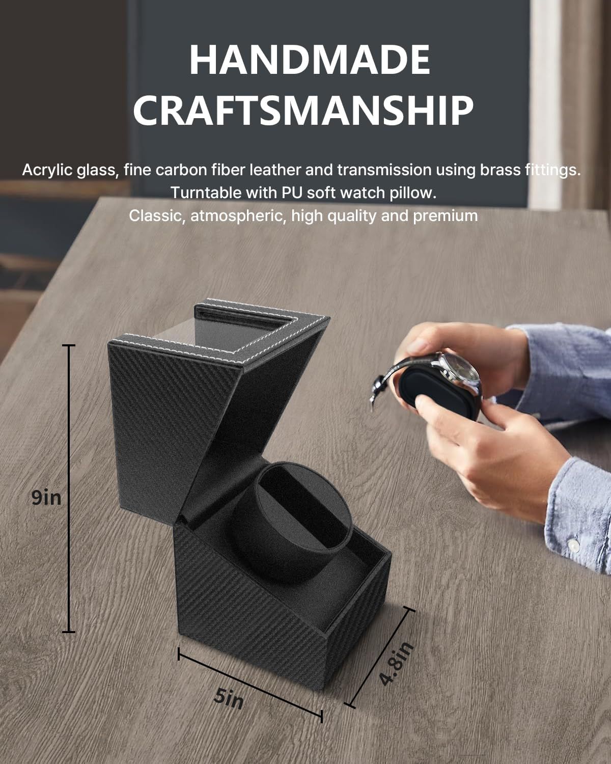 Communicates the exact physical dimensions of the watch display case (9in height, 5in width, 4.8in depth) to help shoppers understand the product's size and fit for their space. Highlights multiple…