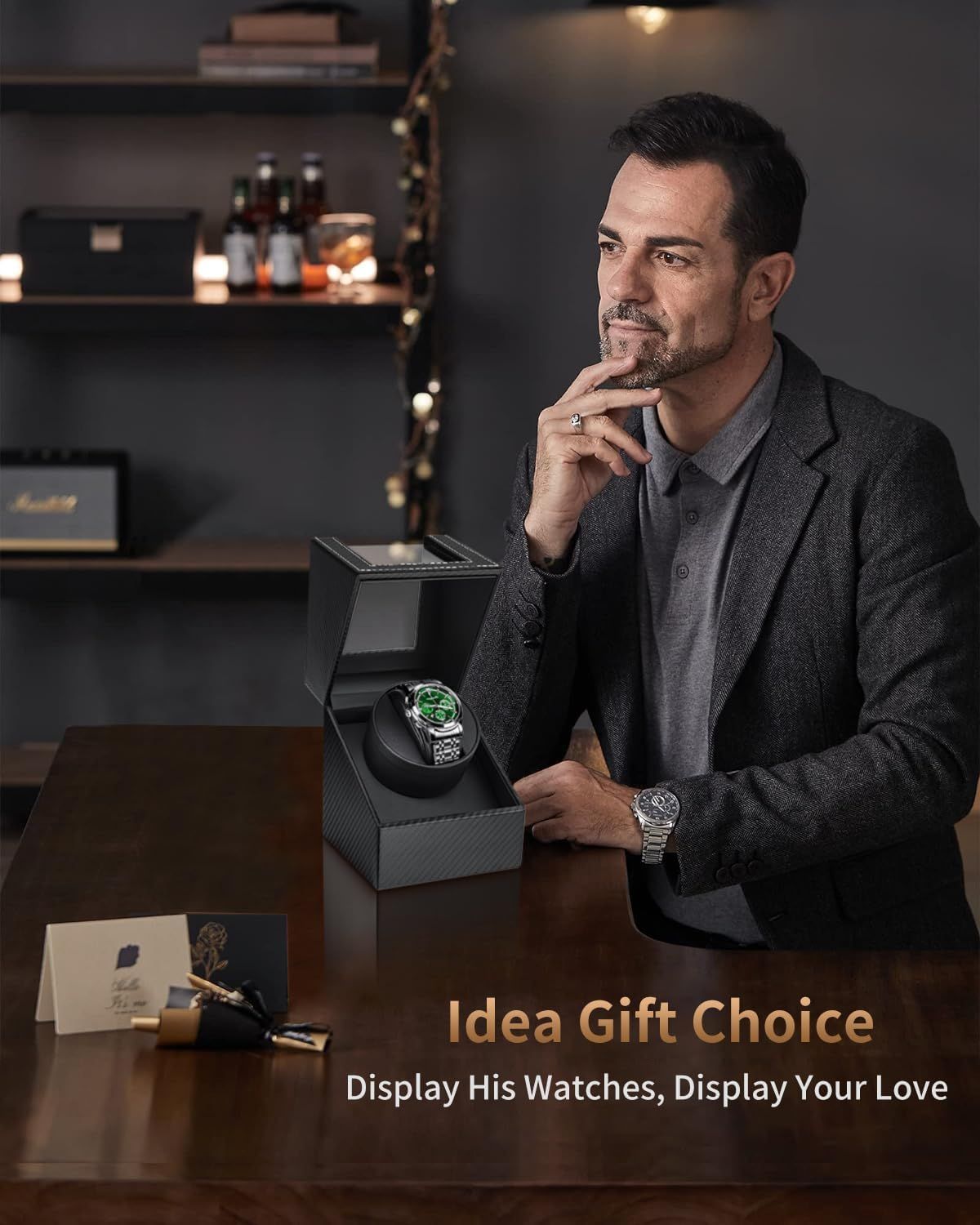 Positions the watch display case as an ideal gift choice, emphasizing the emotional value of gifting and displaying luxury watches. Shows the product in an upscale, sophisticated real-world context…
