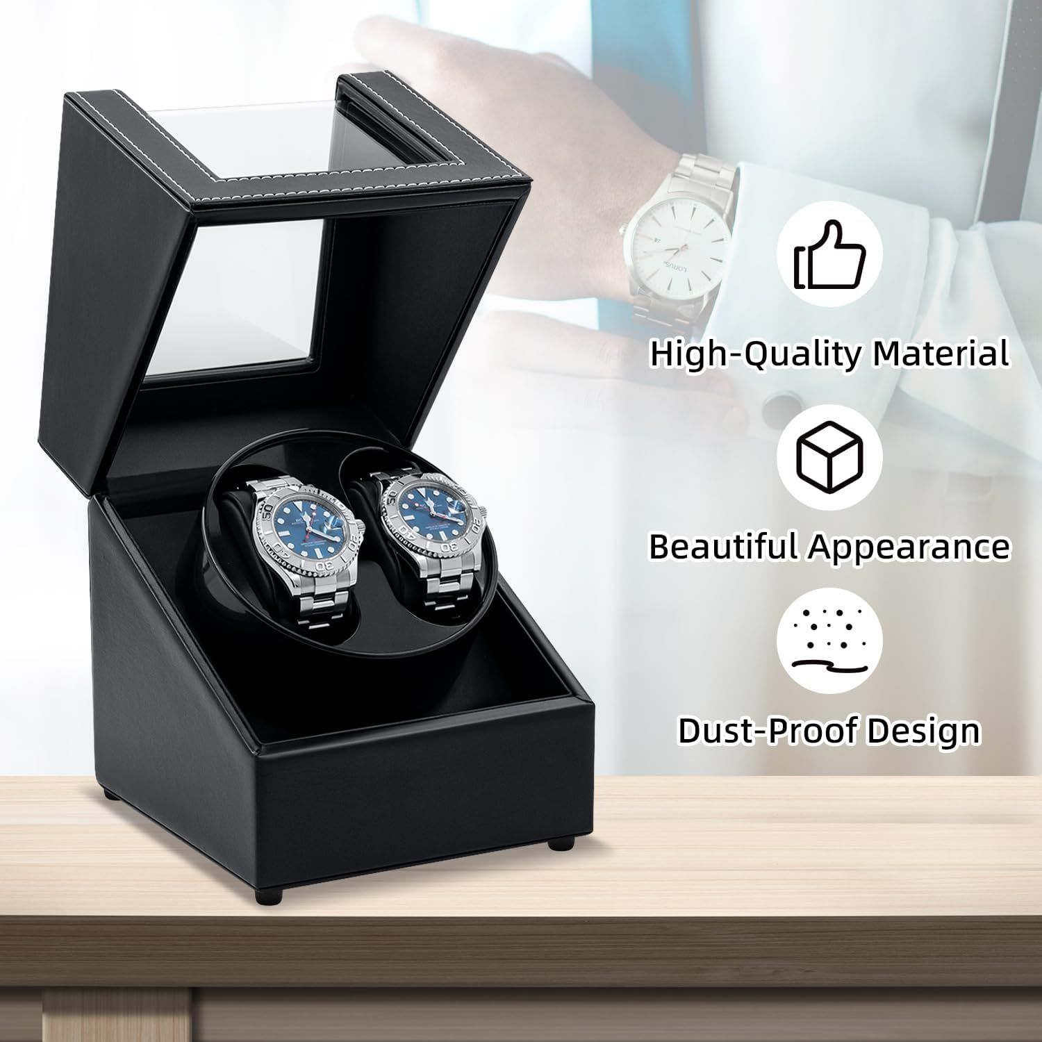 Communicates three distinct product benefits in a segmented layout to reassure shoppers about the watch winder's premium construction, aesthetic appeal, and protective features.