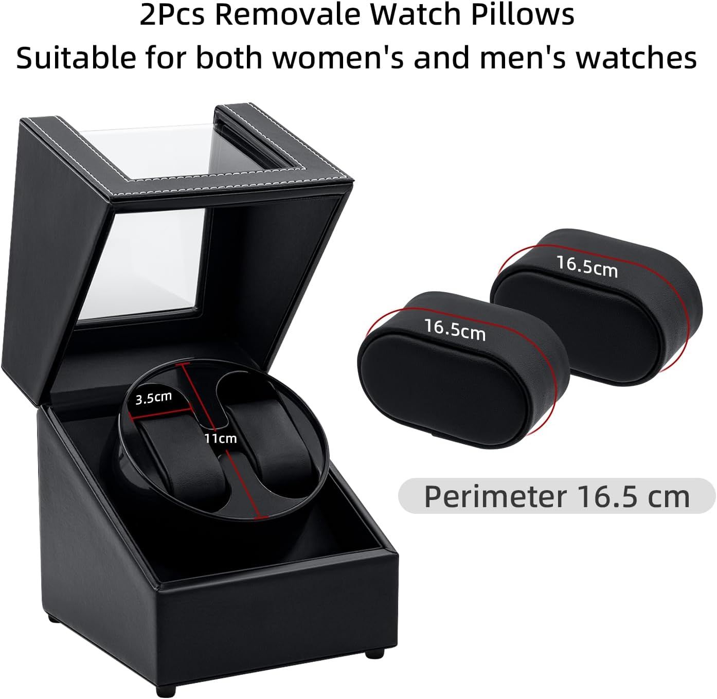 Communicates the exact physical dimensions of the removable watch pillows (3.5cm x 11cm, 16.5cm perimeter) to help shoppers determine if their watches will fit properly.