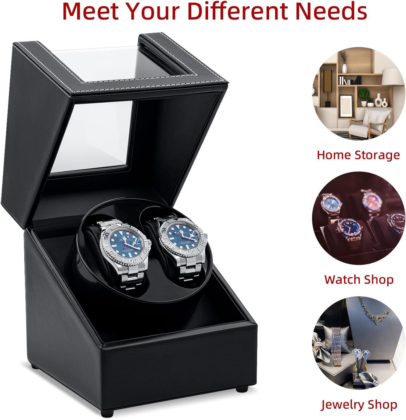 Demonstrates the versatility of the watch winder by showing three different environments and use cases where it can be effectively used, reassuring shoppers that the product fits multiple needs.