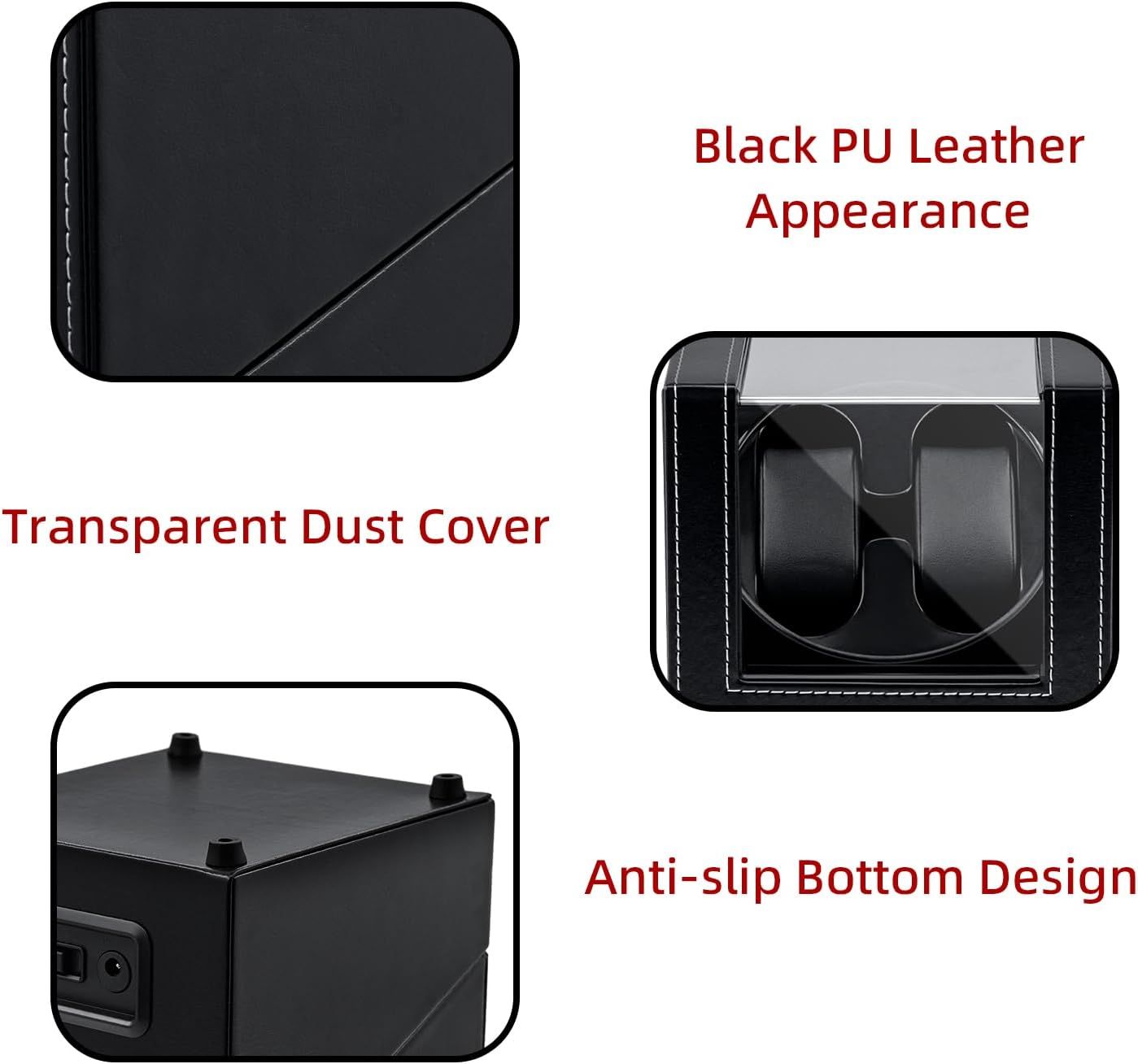 Showcases three distinct product features in a segmented layout to communicate the product's premium material, protective dust cover, and stability design.