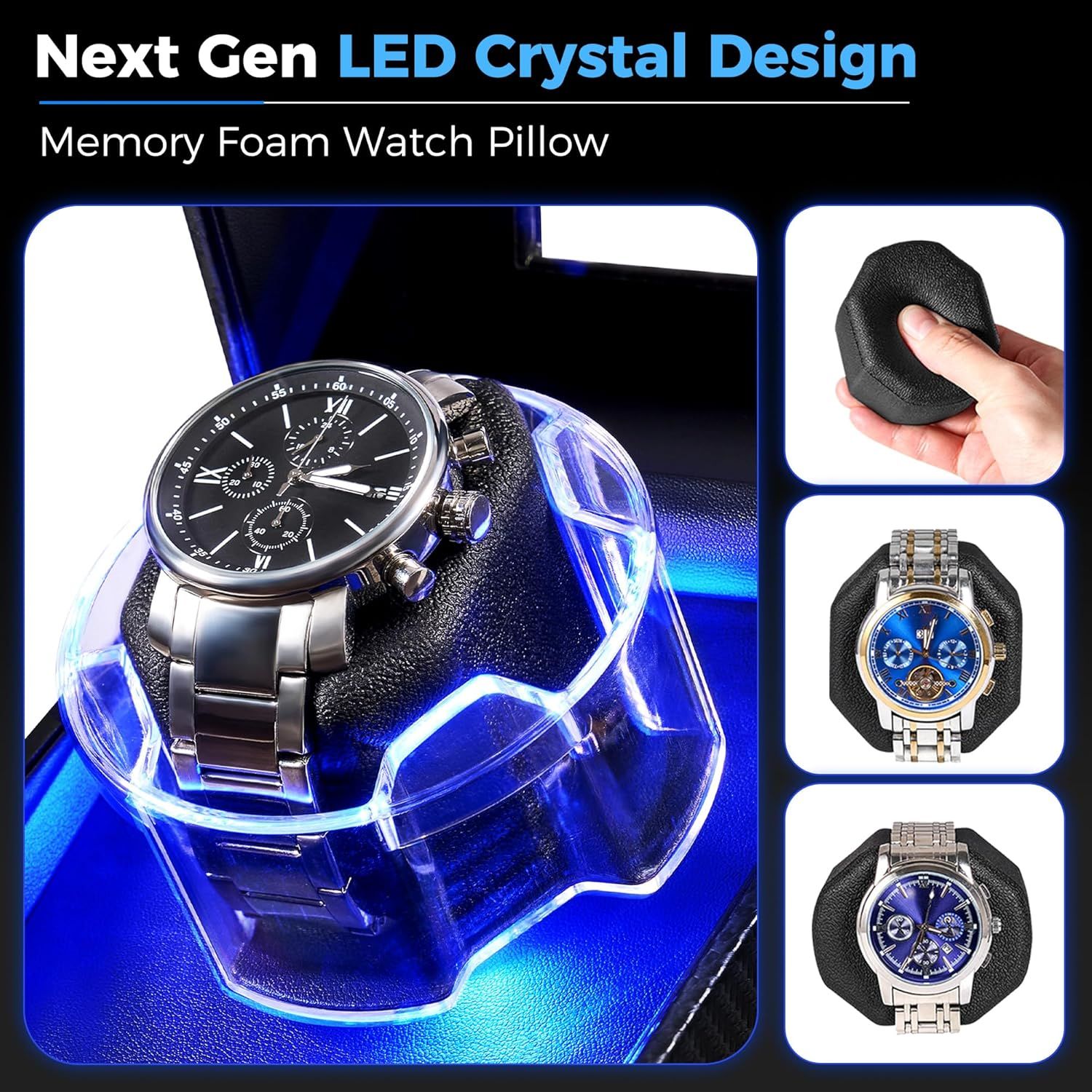 Showcases multiple benefits of the watch pillow including its next-generation LED crystal design, memory foam construction, and versatility for displaying different watch styles.