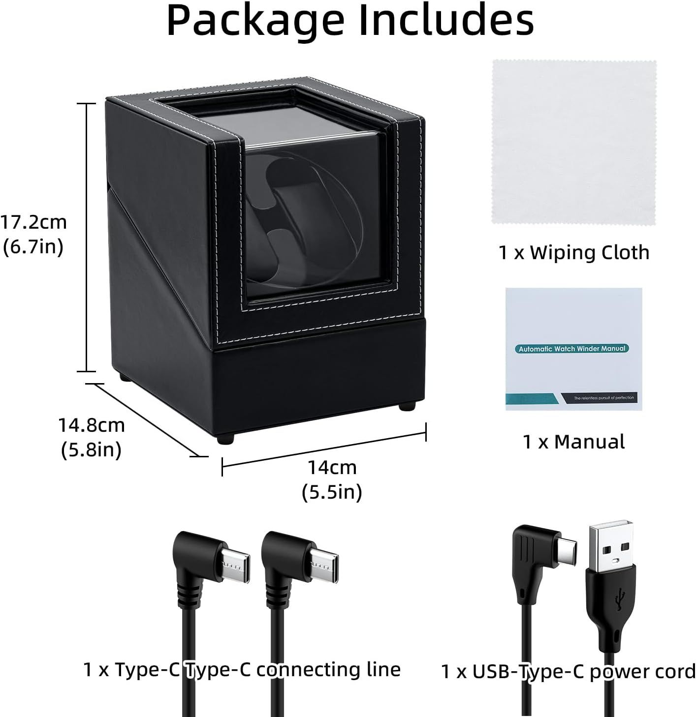 Shows everything included in the purchase: the watch winder unit, wiping cloth, manual, Type-C connecting line, and USB power cord to reassure shoppers they receive a complete ready-to-use kit.
