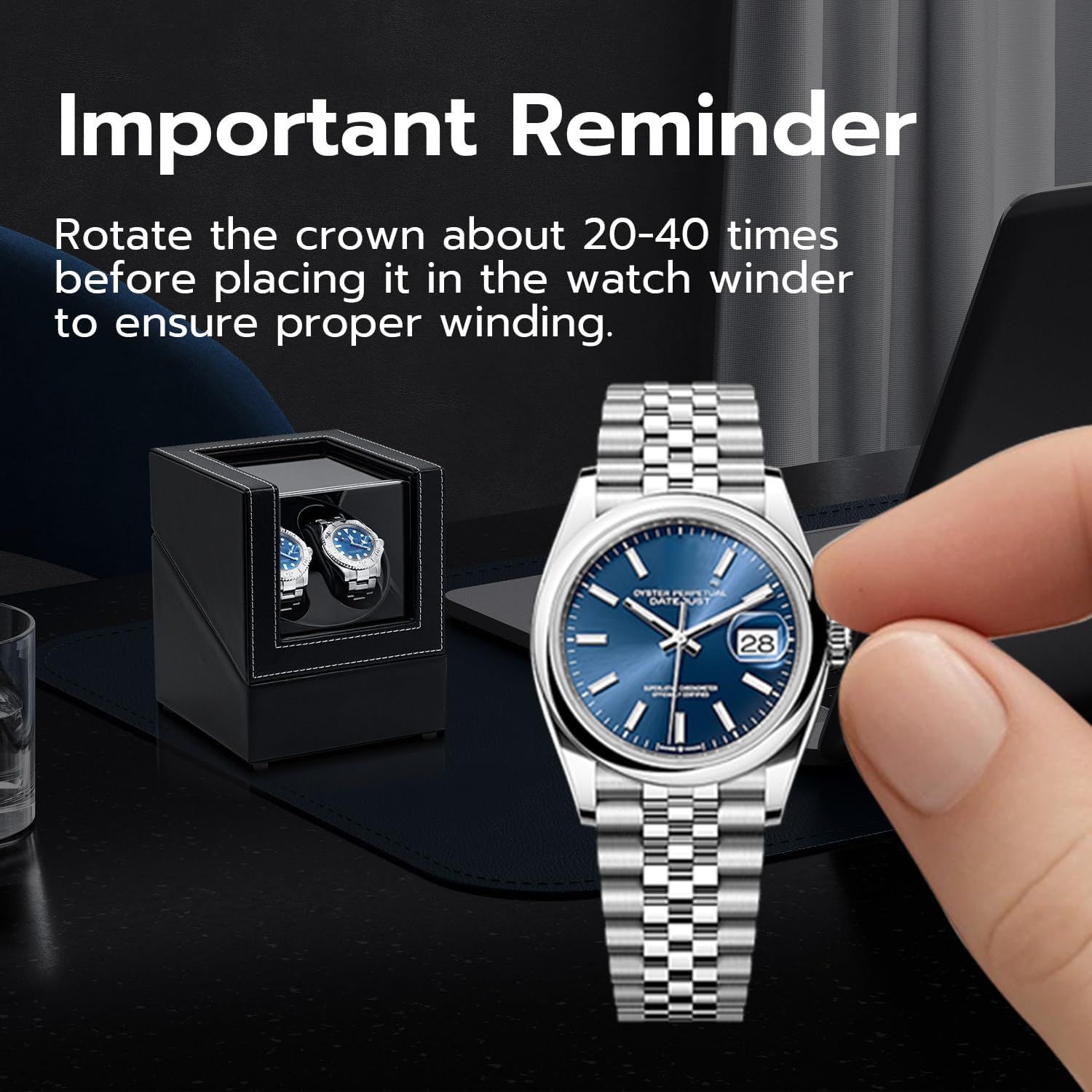 Educates the shopper on the correct procedure for winding the watch crown before using the watch winder, ensuring proper functionality and preventing damage. Provides essential setup guidance to…