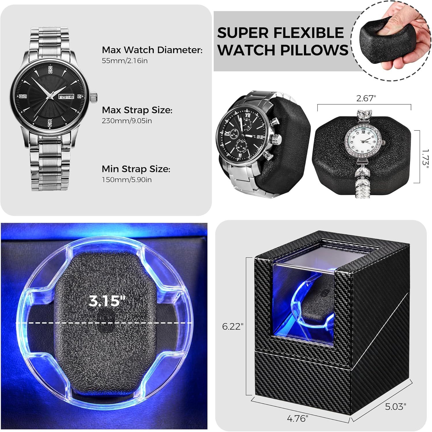 Provides detailed dimensional specifications for watch compatibility (max watch diameter, strap sizes) and product components (pillow size, box dimensions) to help shoppers determine if their…