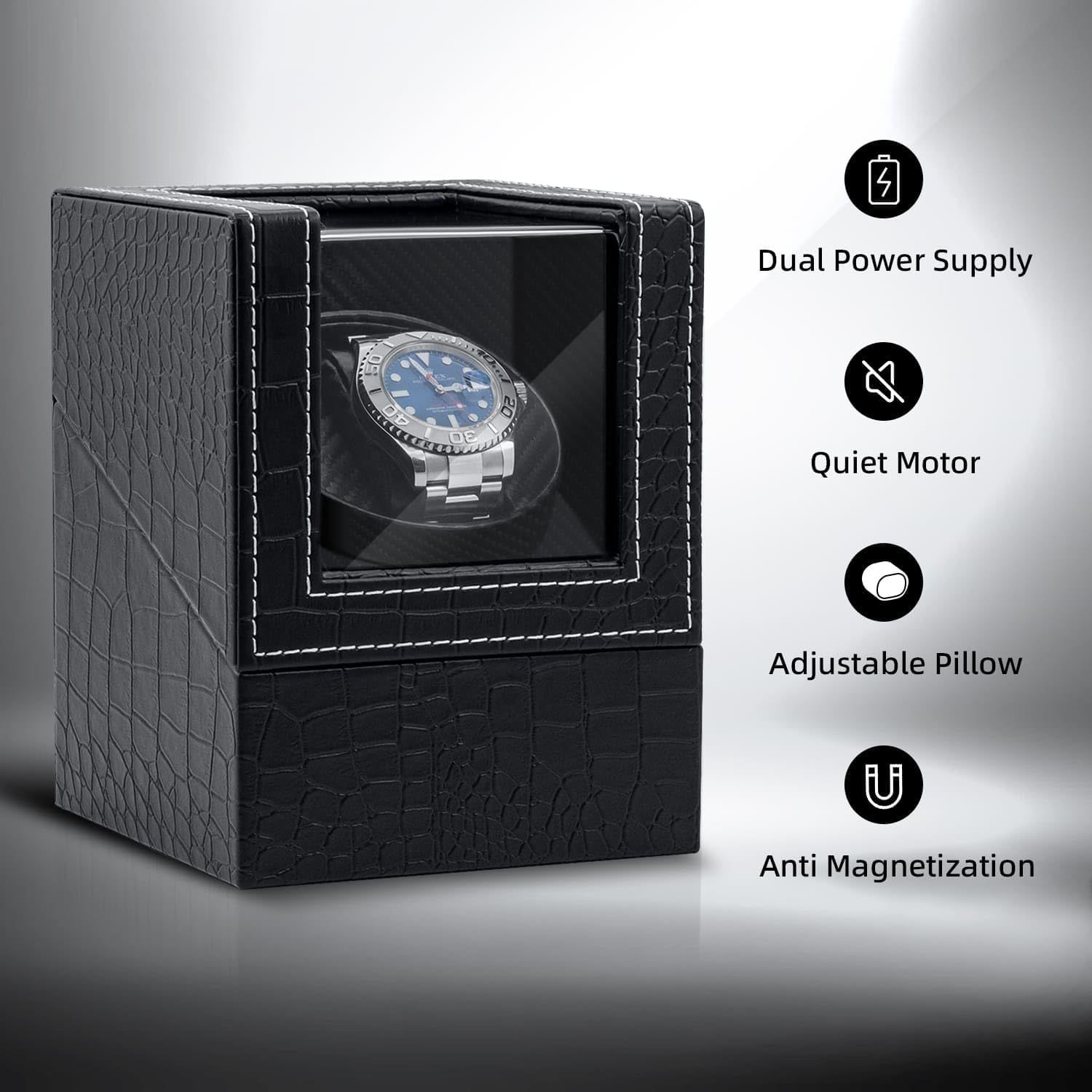 Communicates multiple key features of the watch winder to reassure shoppers about its functionality, convenience, and watch protection capabilities.