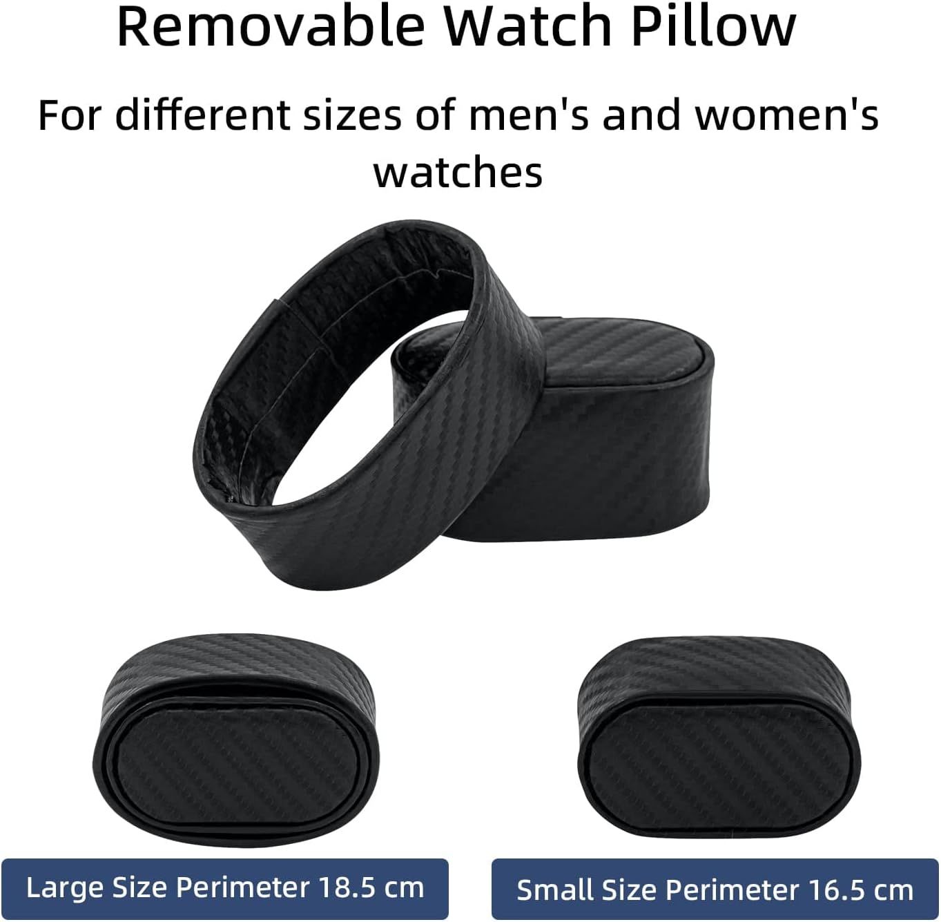 Communicates that the watch pillow comes in two different sizes with specific perimeter measurements to accommodate different watch sizes for both men and women. Highlights the removable watch…