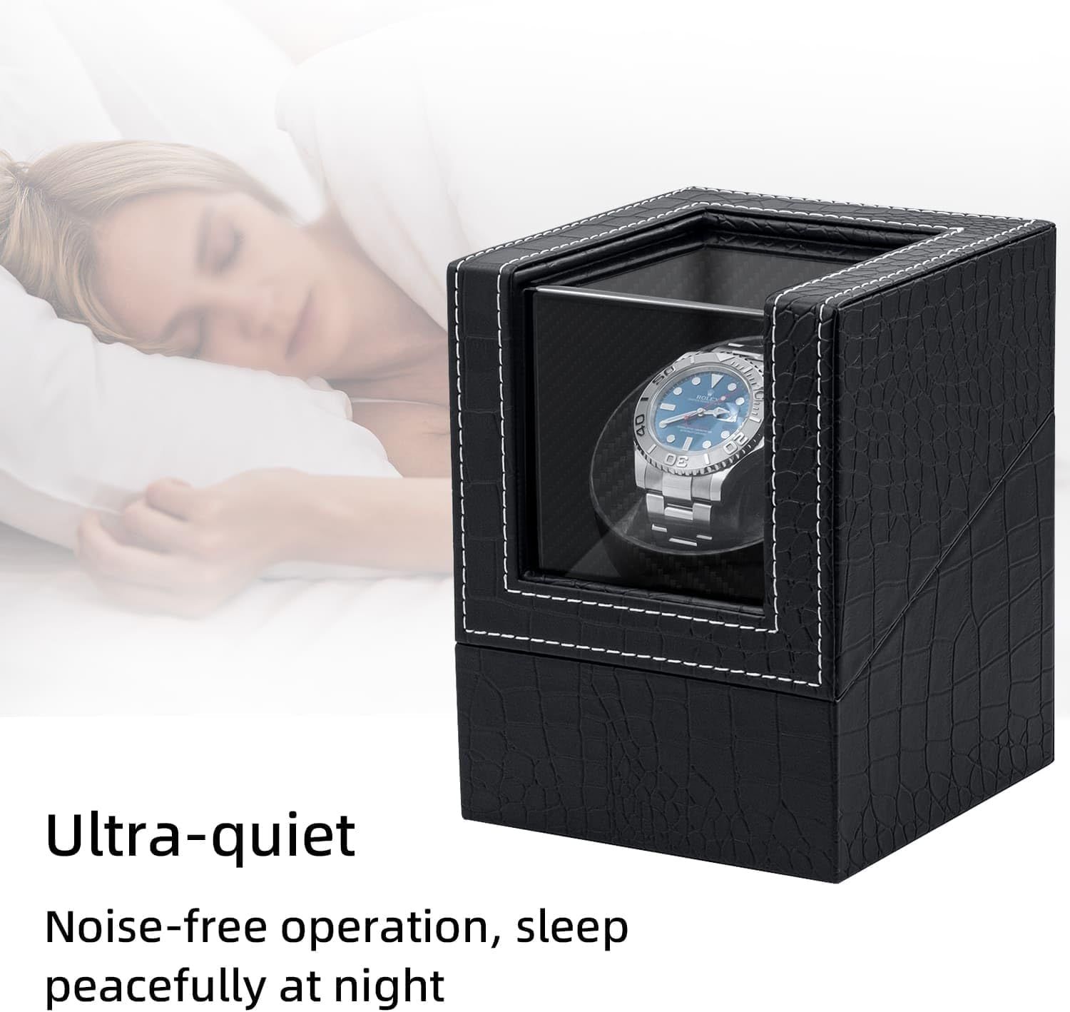 Communicates that the watch winder operates silently, allowing users to sleep peacefully without noise disturbance at night.