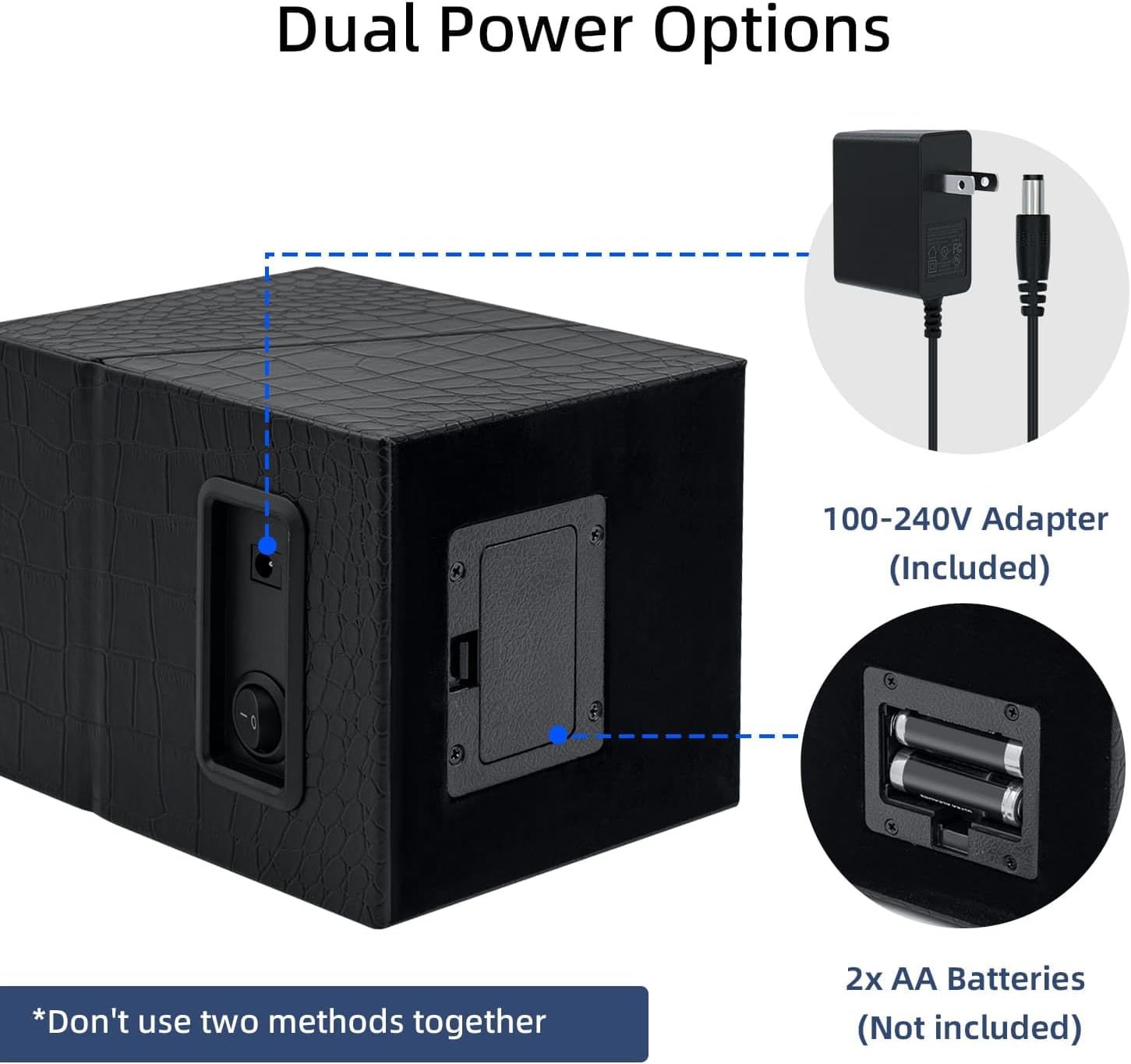 Shows the customer what power options are available with the product and clarifies that the AC adapter is included while batteries are not, helping set purchase expectations.