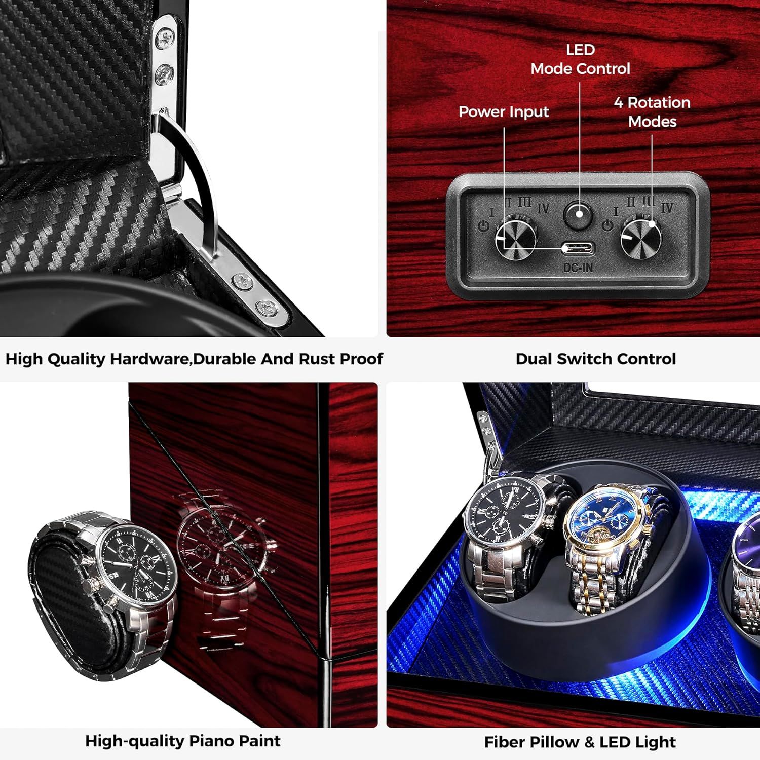 Showcases multiple distinct product features and benefits in a segmented layout to communicate the watch winder's premium construction, control options, and design quality.
