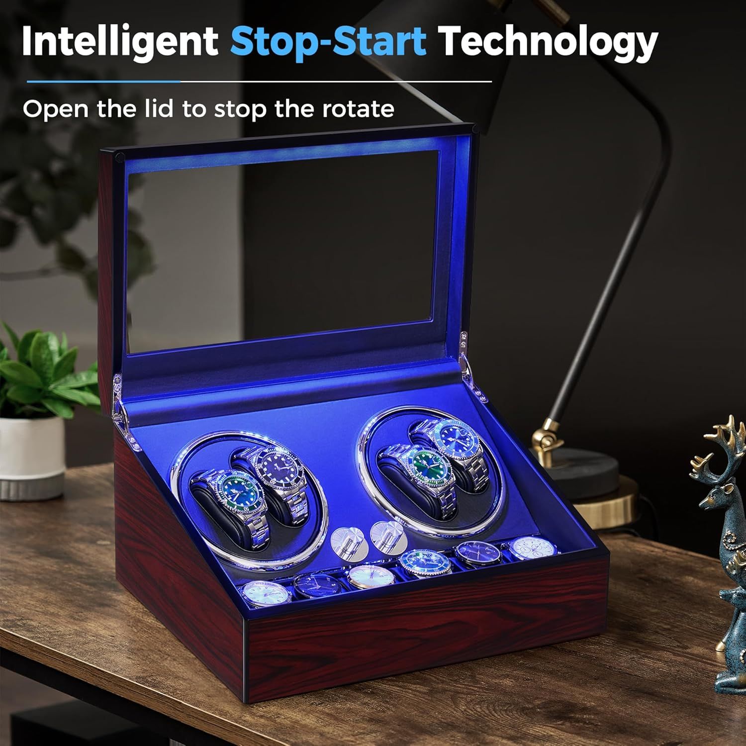 Communicates the convenience and smart functionality of the watch winder's automatic stop-start feature, reassuring shoppers that the device is easy to use and protects watches by stopping rotation…