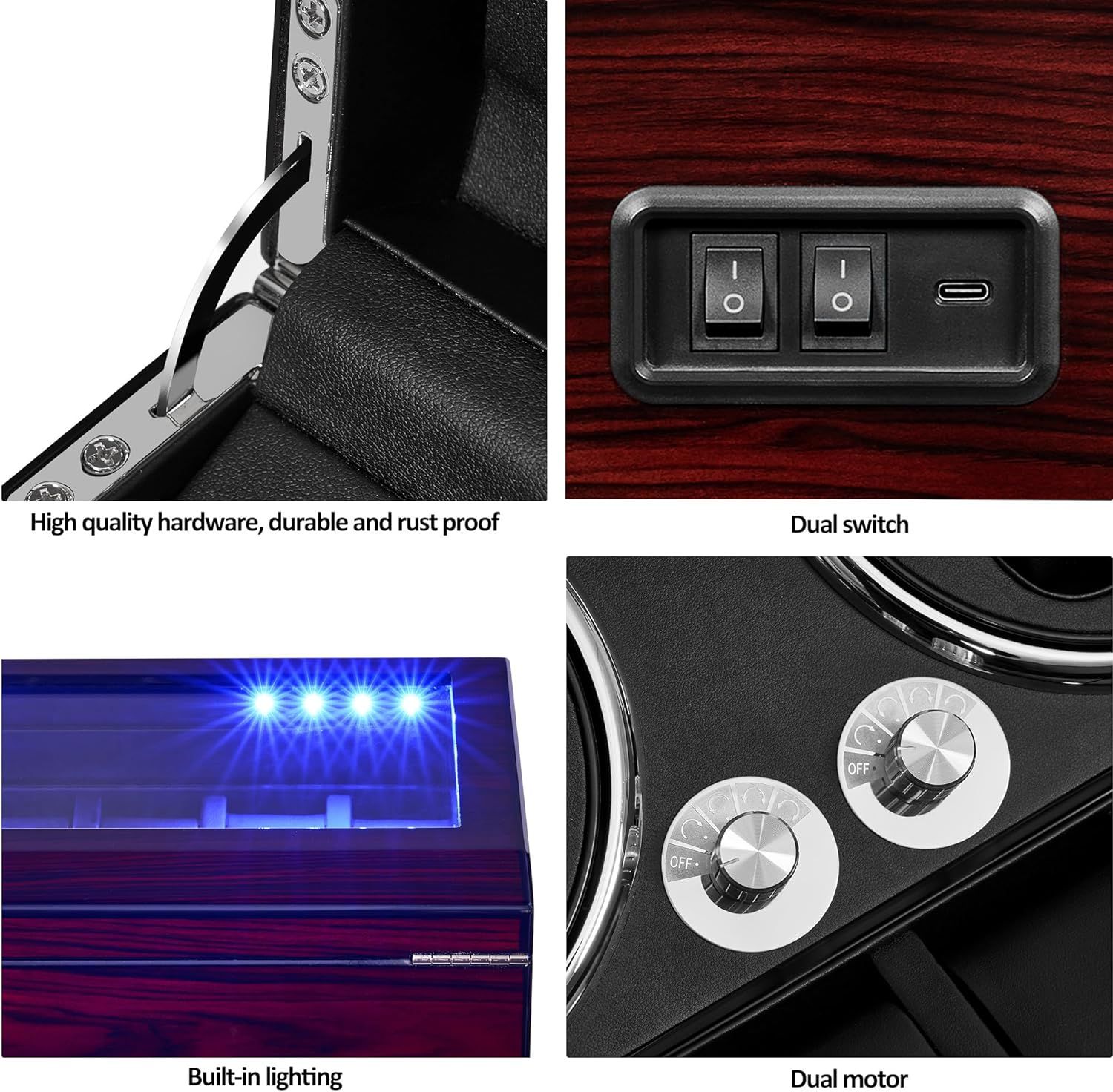 Showcases multiple distinct product features in a segmented layout to communicate quality construction, convenient controls, interior lighting, and powerful dual motor functionality.