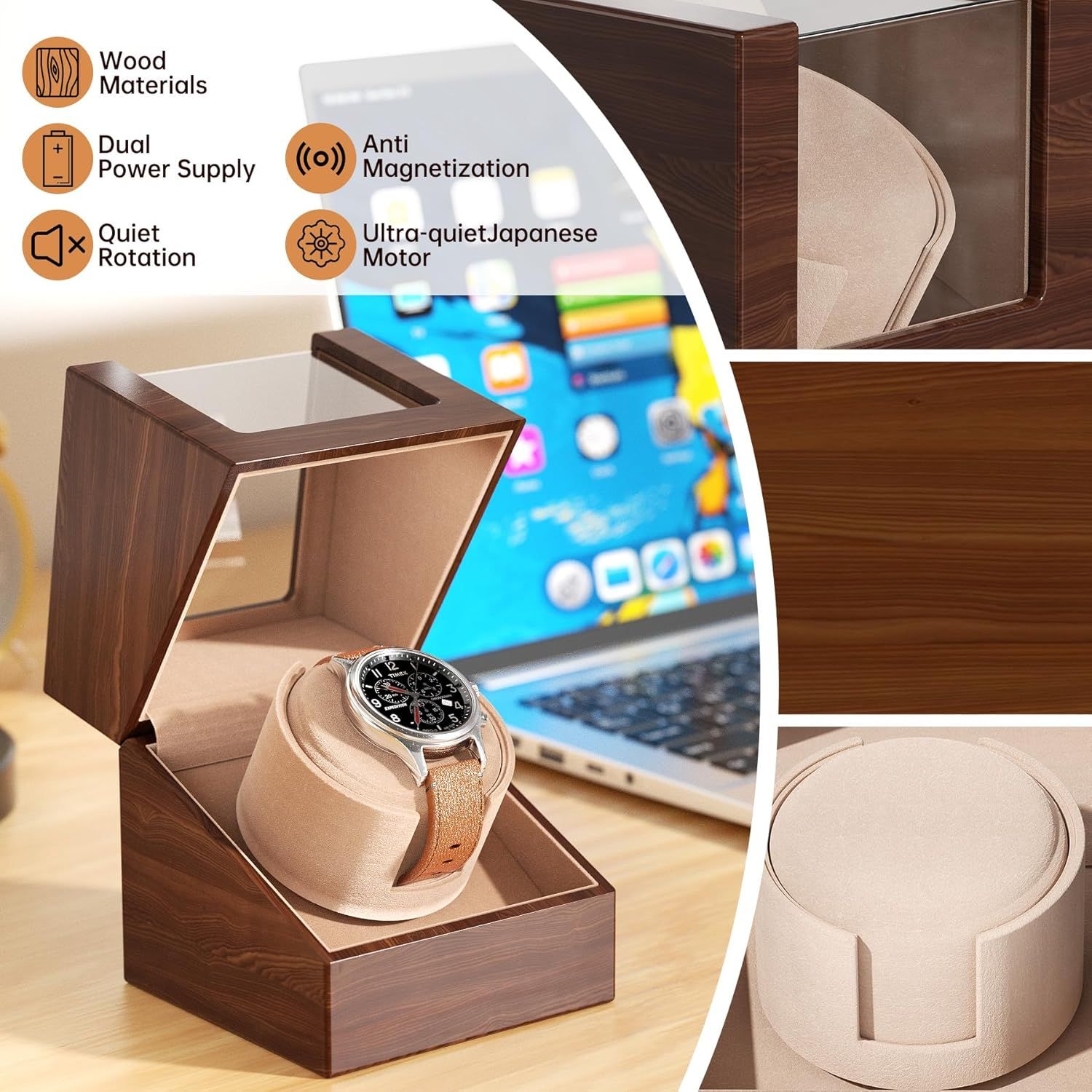 Communicates multiple technical features and benefits of the watch winder to reassure shoppers of its quality construction, quiet operation, and advanced functionality.