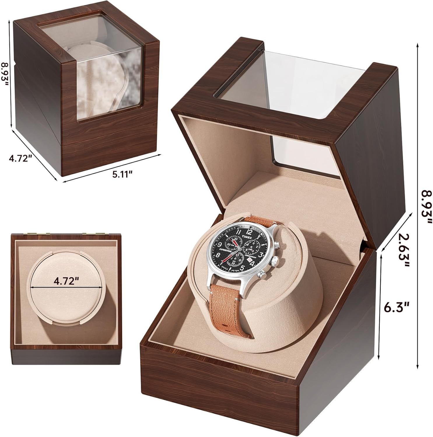 Communicates the exact physical dimensions of the watch winder box to help shoppers understand its size and ensure it fits their space.