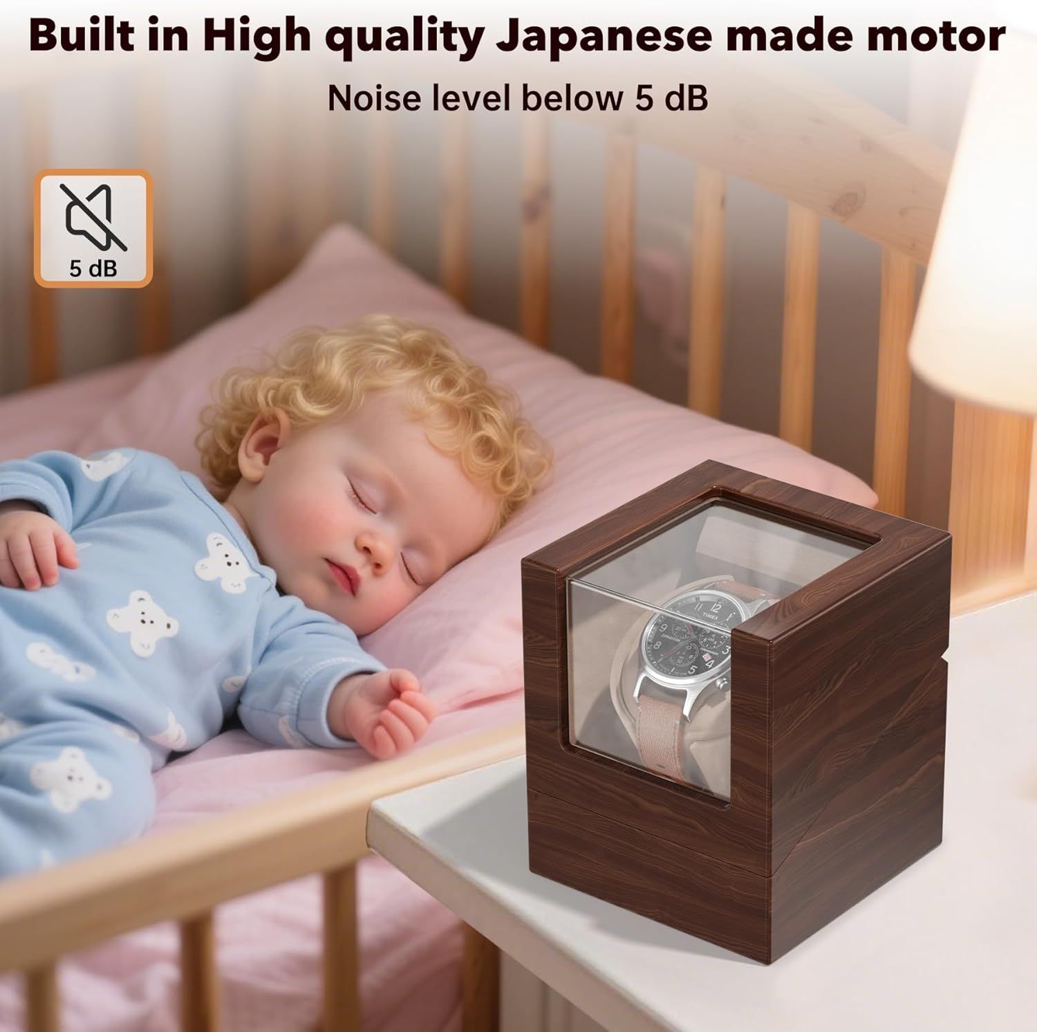 Communicates the product's ultra-quiet motor performance with a specific noise level metric to reassure shoppers that the watch winder won't disturb sleep or quiet environments. Highlights the…