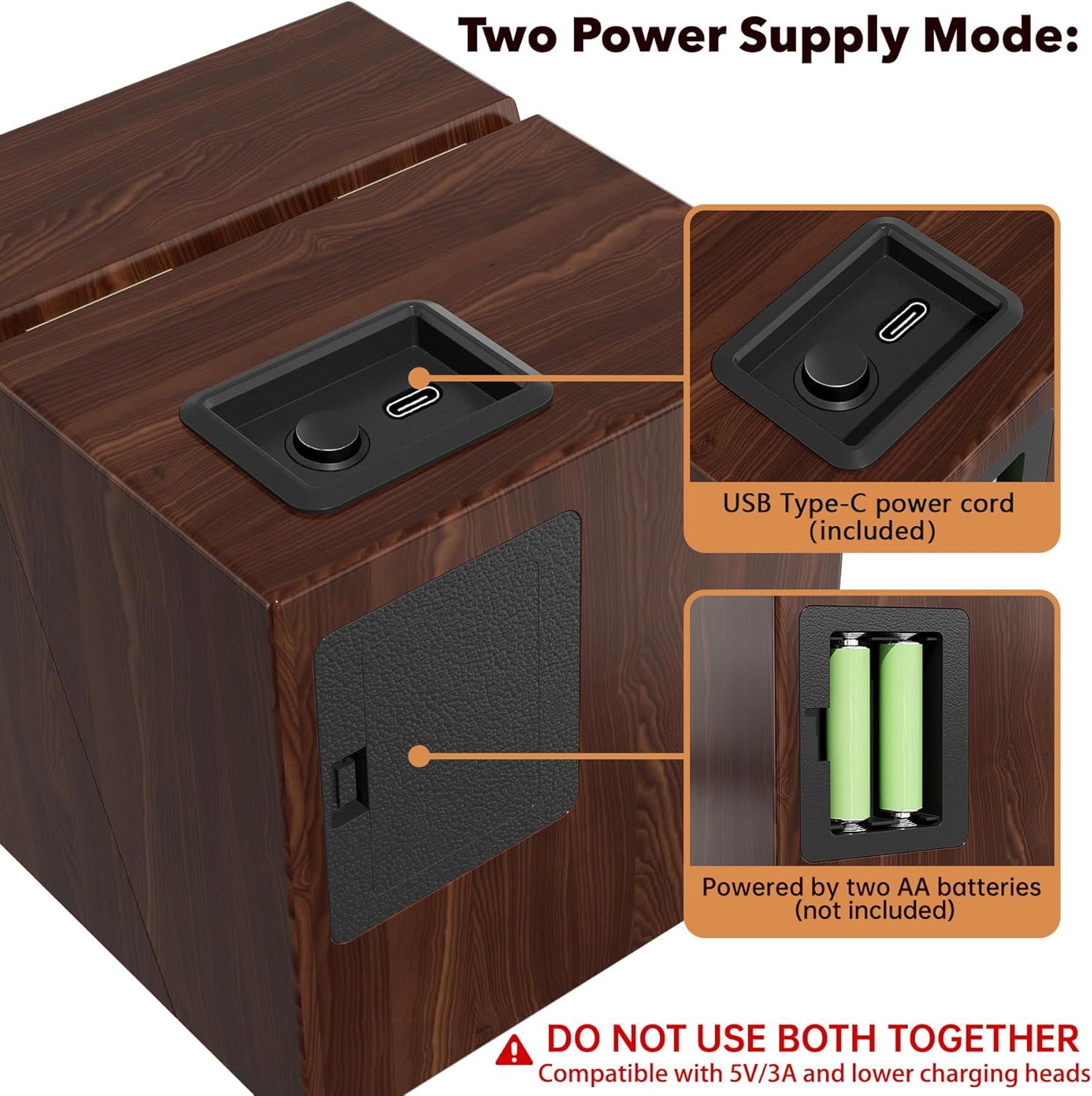 Demonstrates the product's versatility by showing two different power supply methods (USB Type-C cord or AA batteries), giving shoppers flexibility in how they use the device.