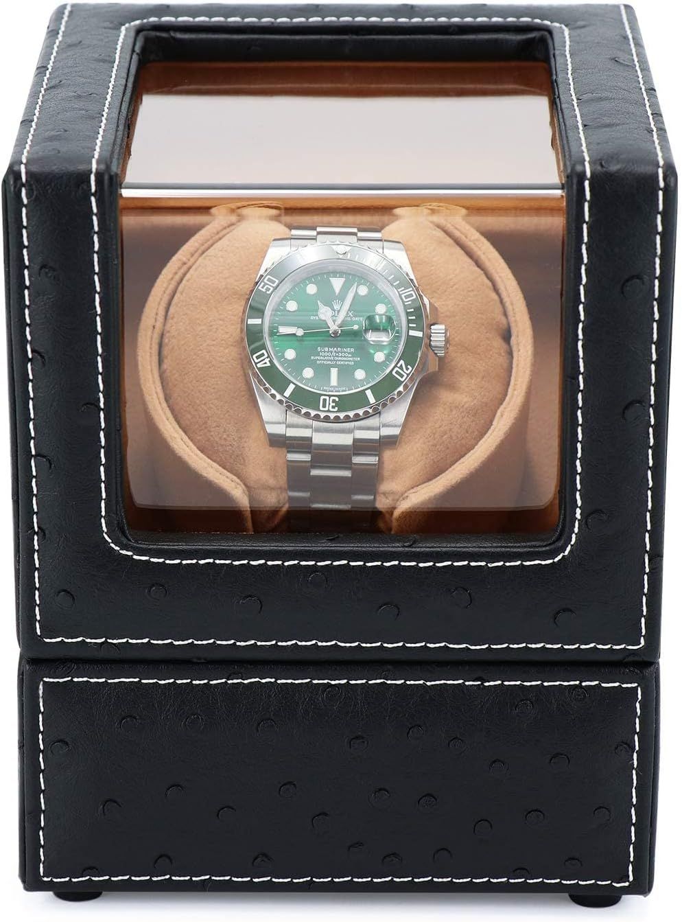 Shows the watch winder product with the watch inside in a clean, catalog-style presentation to help shoppers see exactly what they're purchasing.
