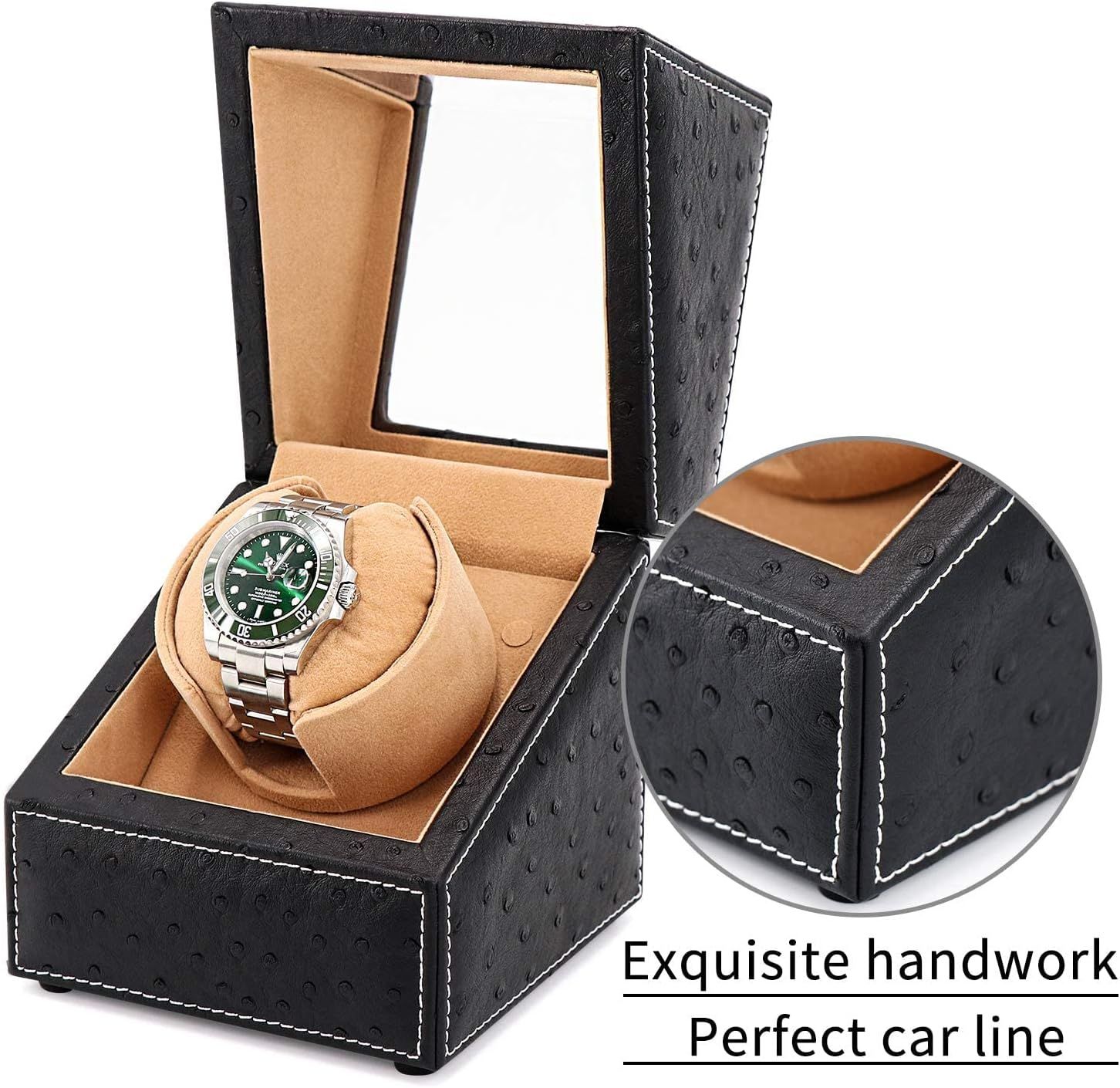 Highlights the exquisite handwork and perfect car line stitching of the watch winder box to communicate premium quality and luxury appeal to shoppers.