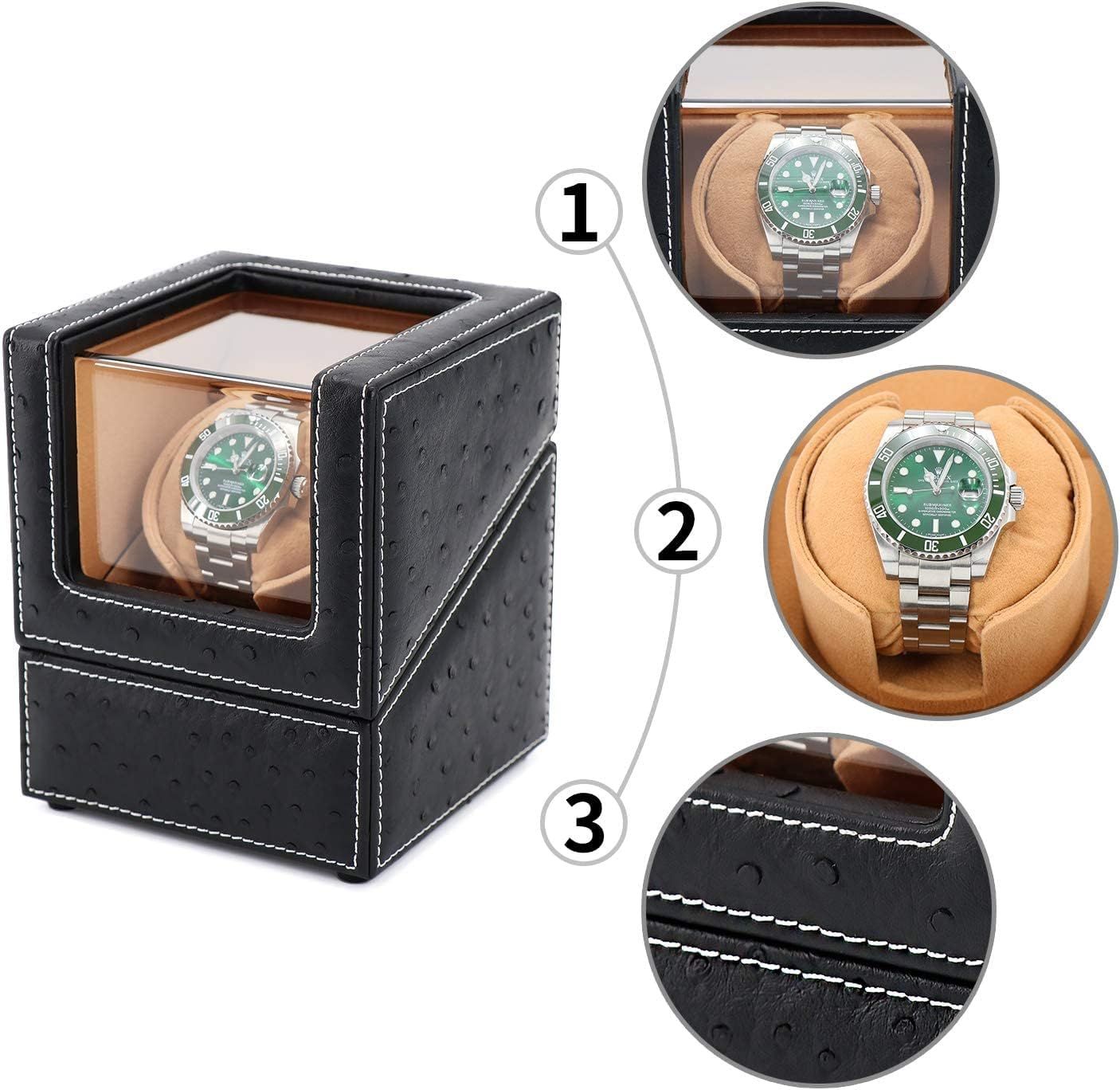 This image breaks down the watch winder's key physical components to help shoppers understand the product's construction quality and design details, including the viewing window, cushioned interior,…